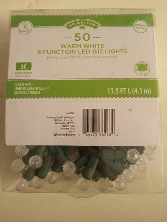 Christmas Lights, 50 LED Small Faceted Globe G12 Lights, Warm White, 8 Functions, Green Wire, Holiday Time, NEW