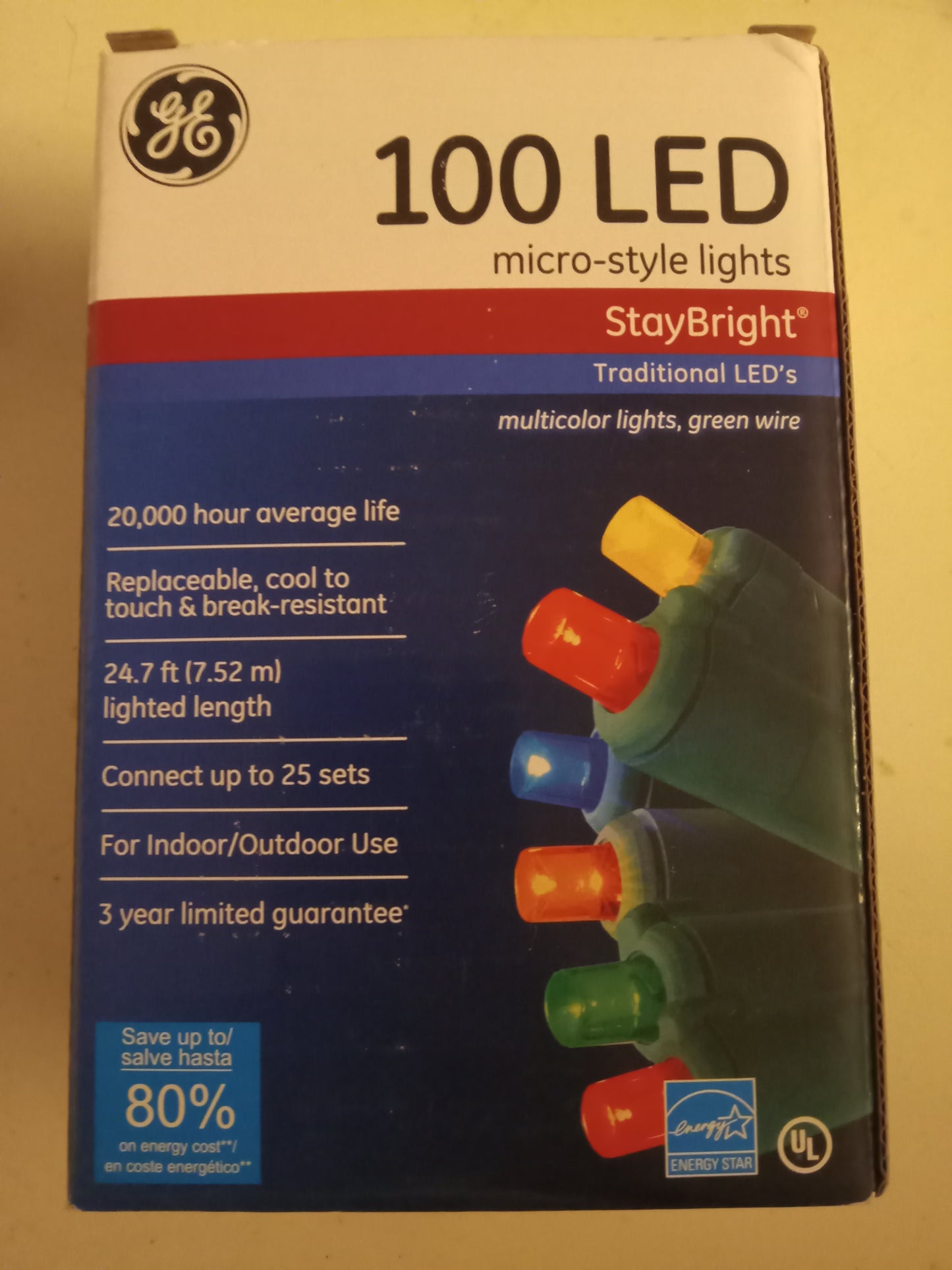 Christmas Lights, 100 LED Multi-color/Cool White, Mini/Micro-Style Lights, Green Wire, GE Stay Bright, NEW