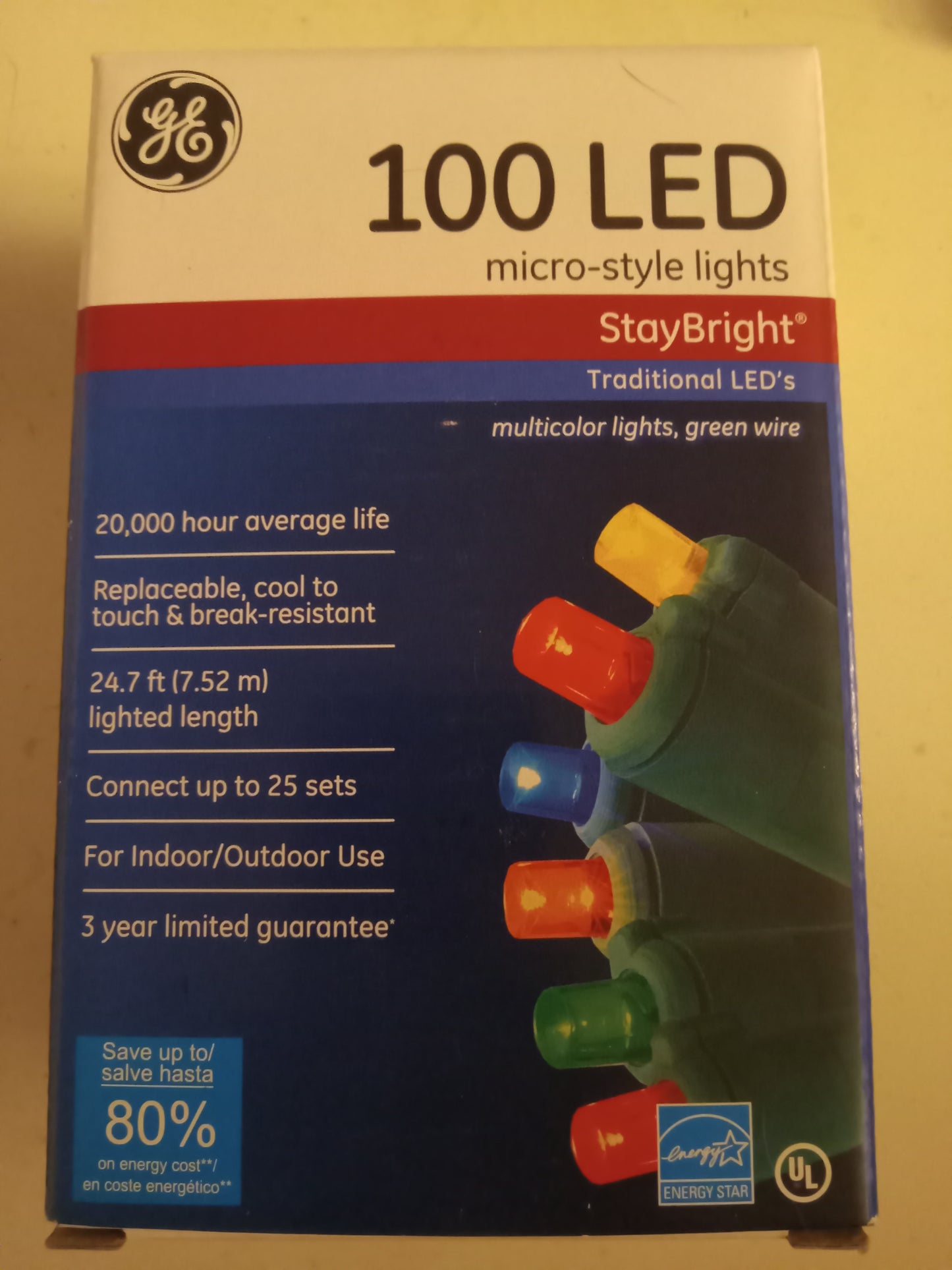 Christmas Lights, 100 LED Multi-color/Cool White, Mini/Micro-Style Lights, Green Wire, GE Stay Bright, NEW