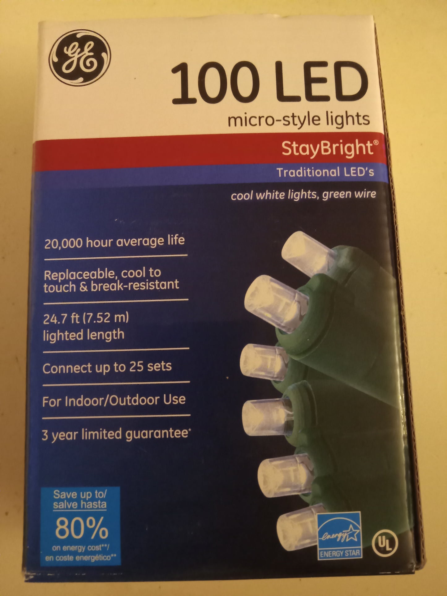 Christmas Lights, 100 LED Multi-color/Cool White, Mini/Micro-Style Lights, Green Wire, GE Stay Bright, NEW