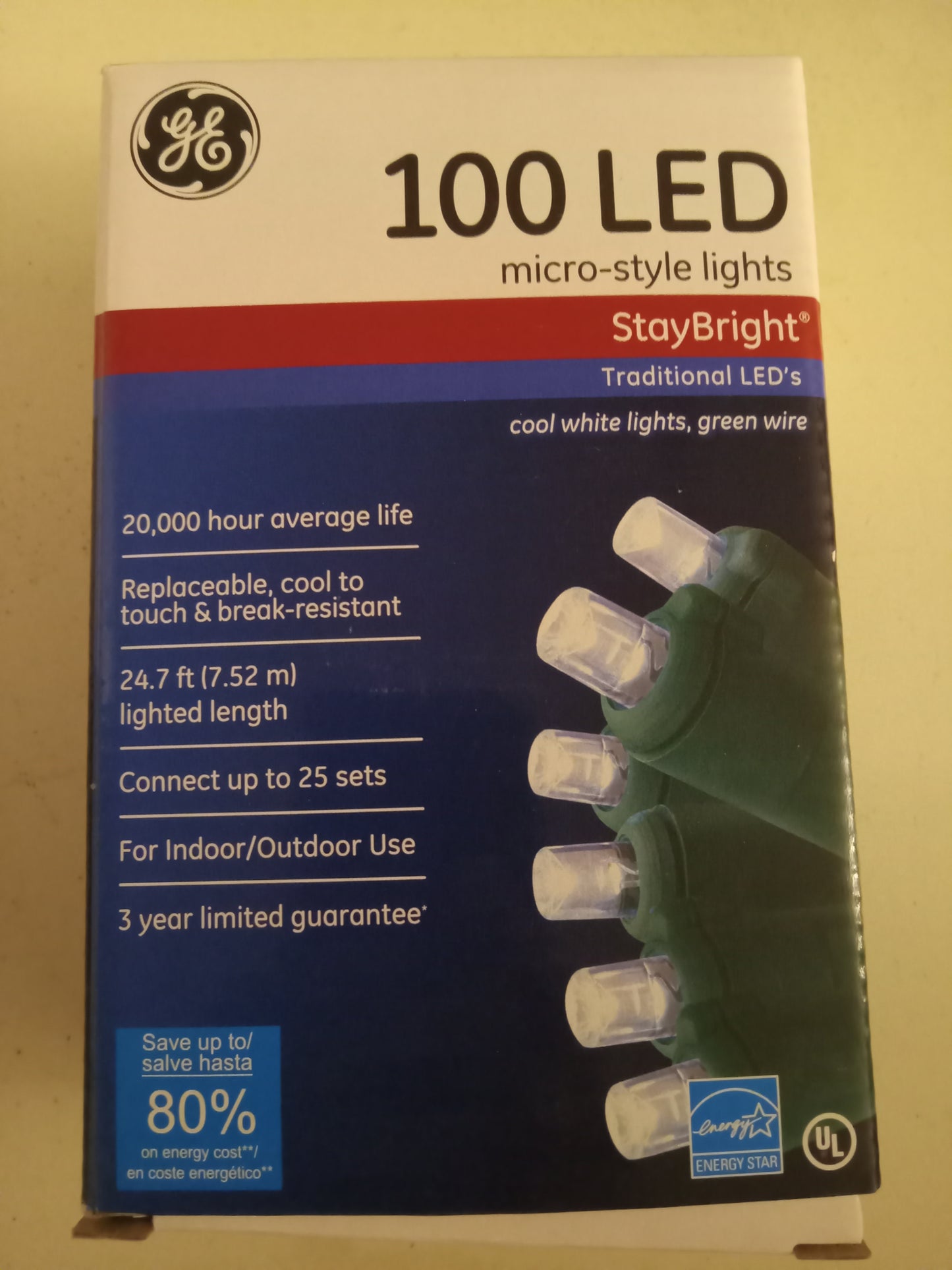 Christmas Lights, 100 LED Multi-color/Cool White, Mini/Micro-Style Lights, Green Wire, GE Stay Bright, NEW