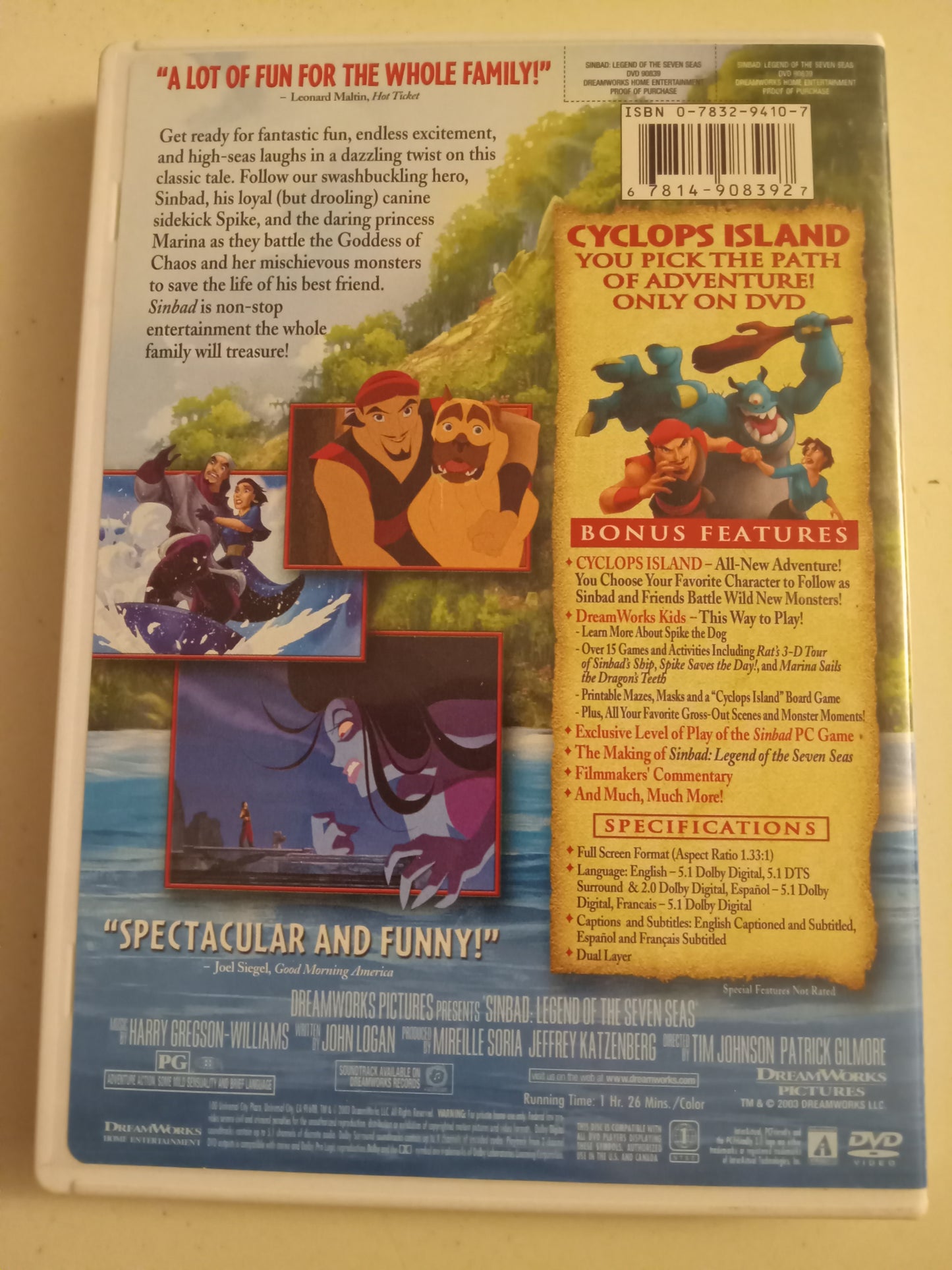 Sinbad, Legend Of the Seven Seas, Dreamworks Animation DVD Movie, Brad Pitt Fullscreen, Rated PG, USED