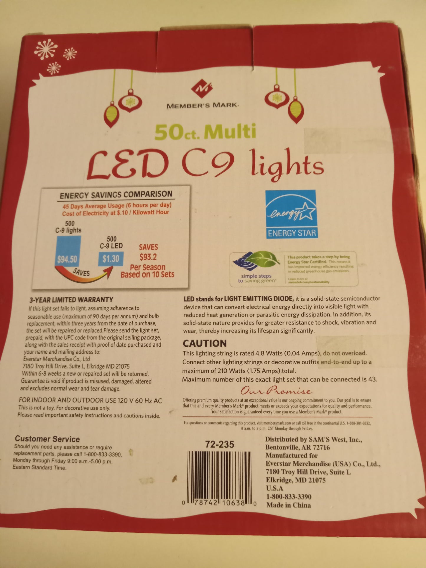 Christmas Lights, 50 LED C9 Lights, Multi-Color, Green Wire, Member's Mark, USED