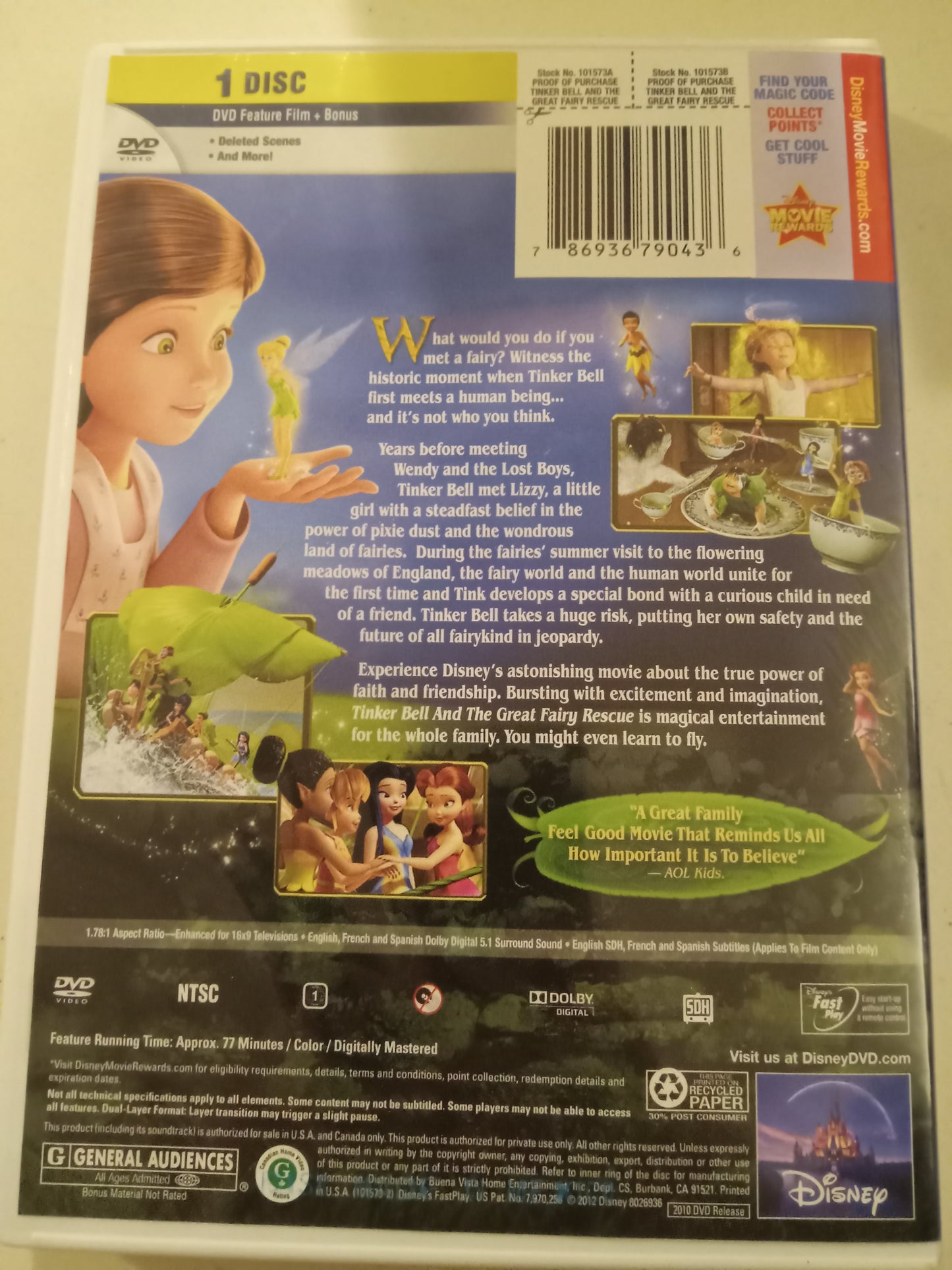 TinkerBell And The Great Fairy Rescue, Disney Animation DVD Movie, Widescreen, Rated G, USED