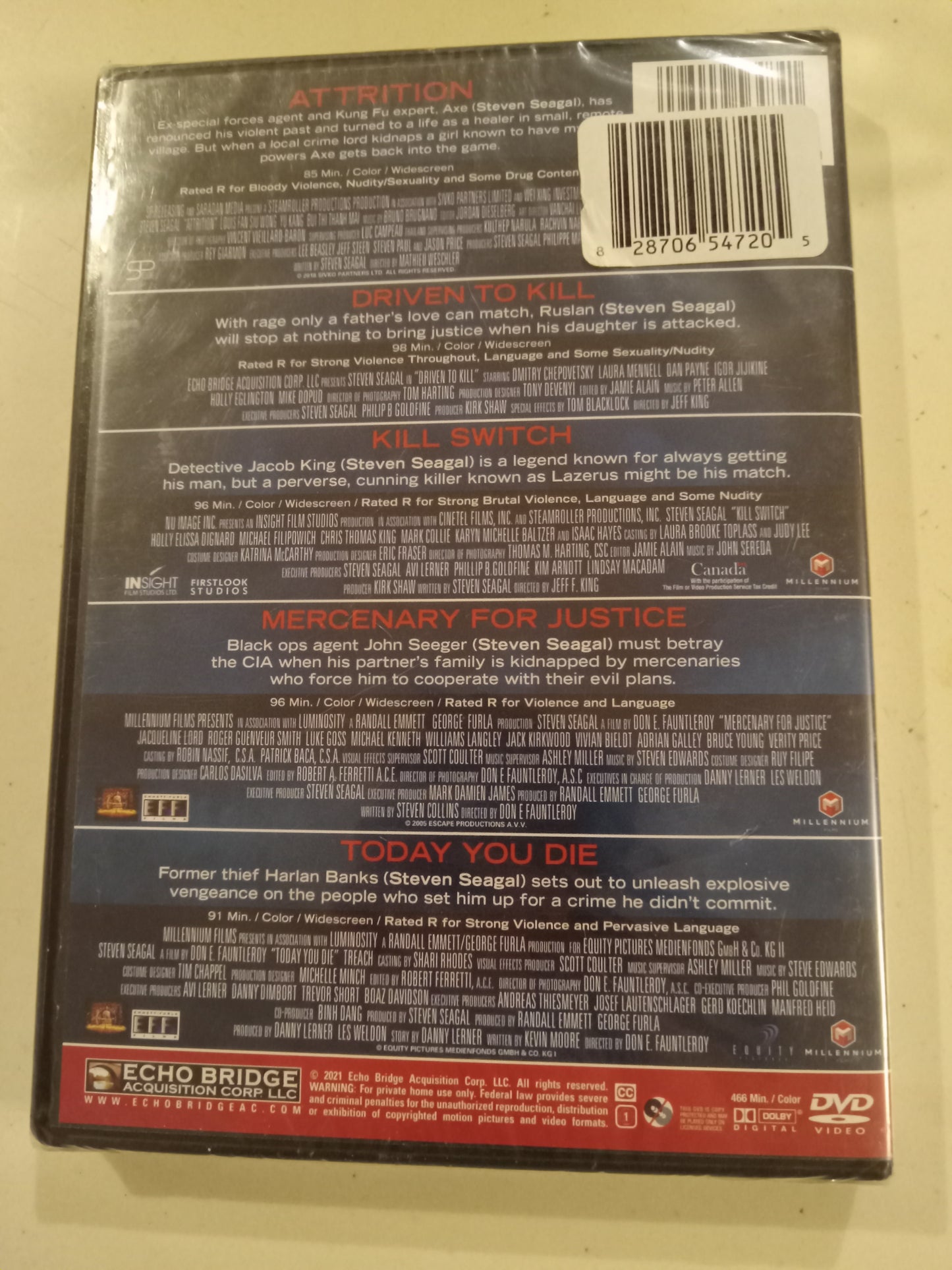 Attrition, Driven To Kill, Kill Switch, Mercenary For Justice, Today You Die, Steven Seagal, 5 DVD Movies, Widescreen, Rated R, NEW