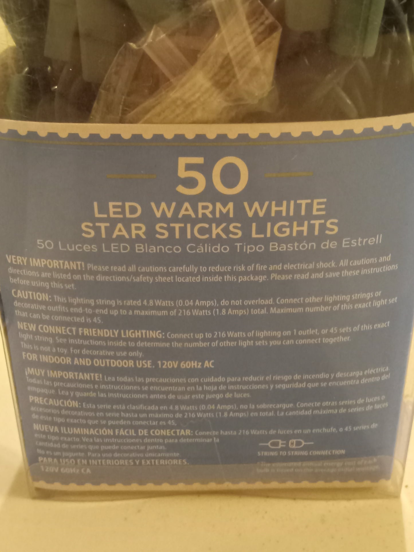 Christmas Lights, 50 LED Star Sticks Lightsaber Lights, Multi-color/Warm White, Green Wire, Holiday Time, NEW