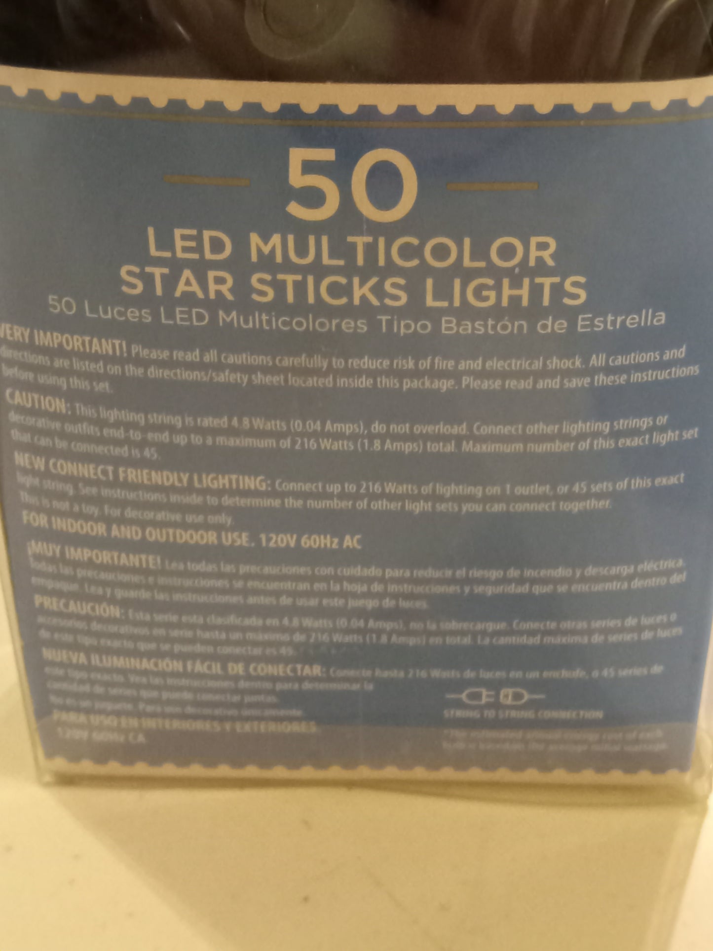 Christmas Lights, 50 LED Star Sticks Lightsaber Lights, Multi-color/Warm White, Green Wire, Holiday Time, NEW