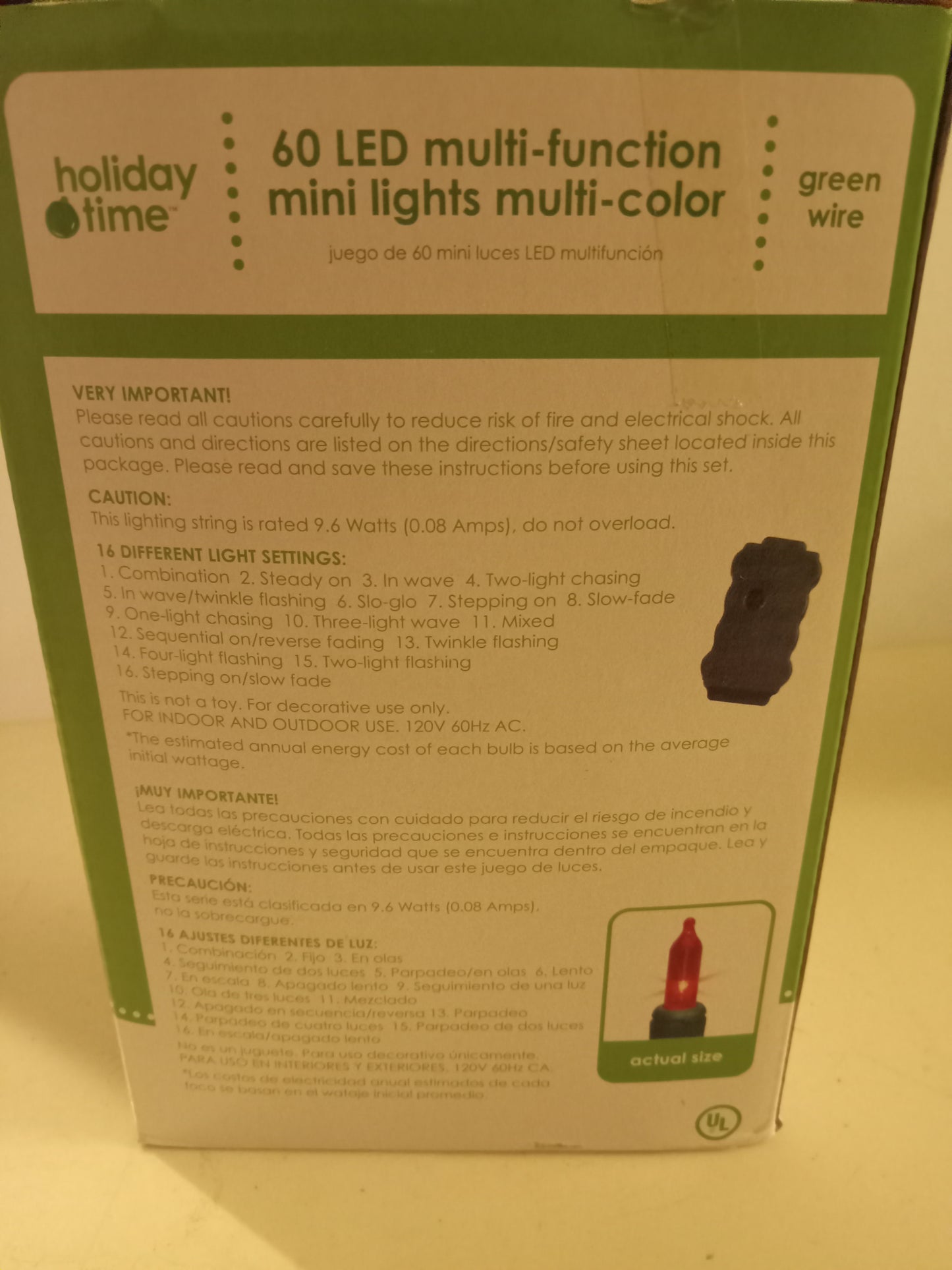 Christmas Lights, 16 Functions, 60/105 LED Mini Lights, Multi-color/Warm White, Green Wire, +Control Box, Holiday Time, NEW