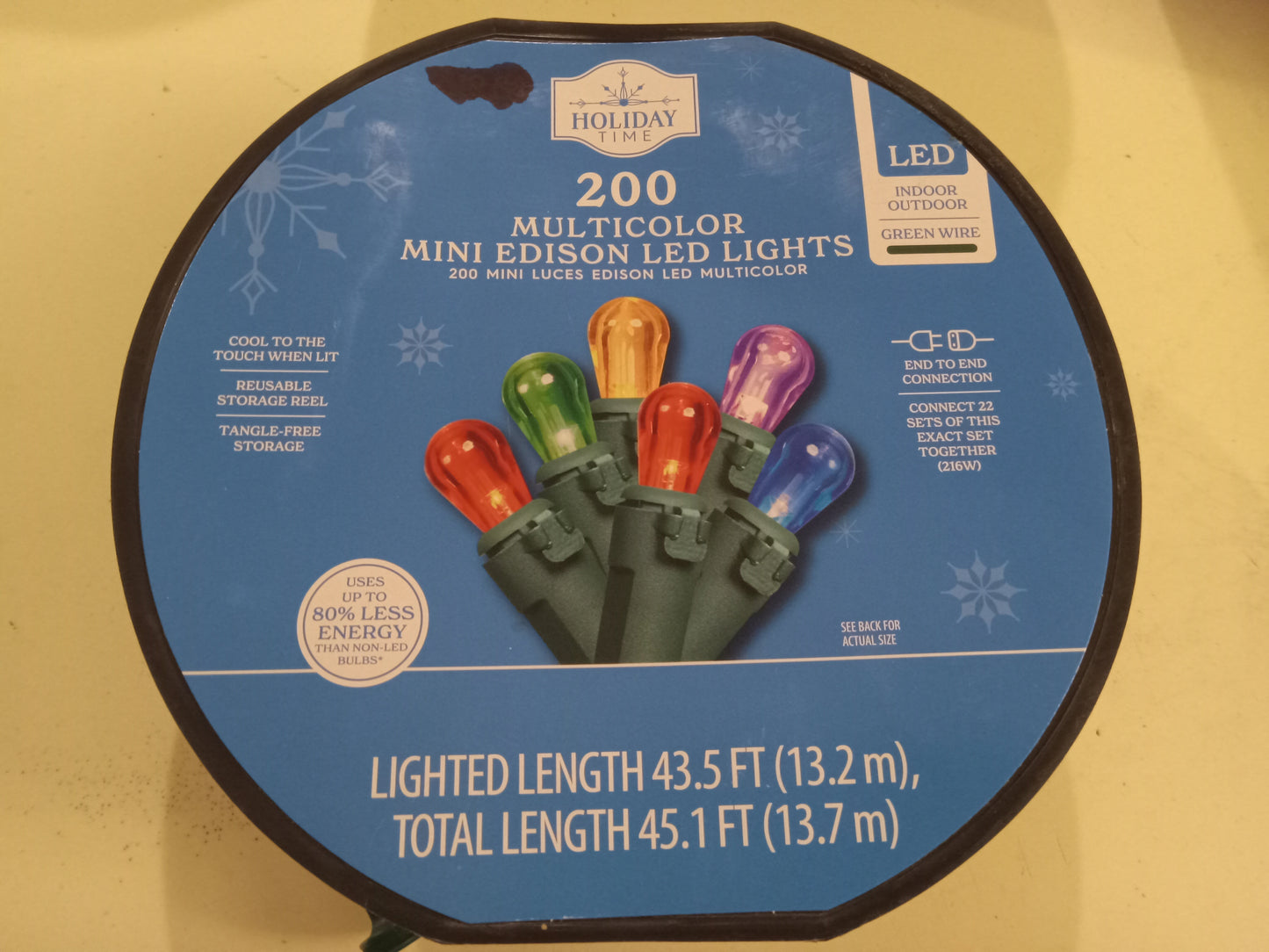 Christmas Lights Roll, 200 LED Mini Edison Bulbs, Multi-Color/Cool White, Green Wire, Holiday Time, NEW