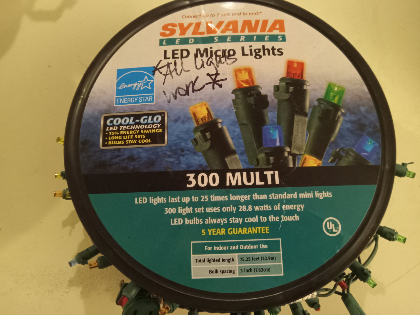 Christmas Lights Roll, 300 LED Micro Lights, Multi-Color, Green Wire, Sylvania Cool Glo, USED