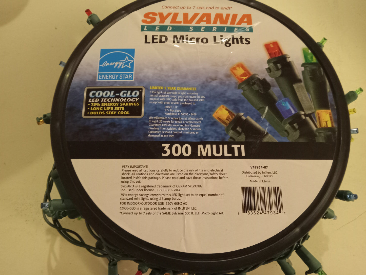 Christmas Lights Roll, 300 LED Micro Lights, Multi-Color, Green Wire, Sylvania Cool Glo, USED