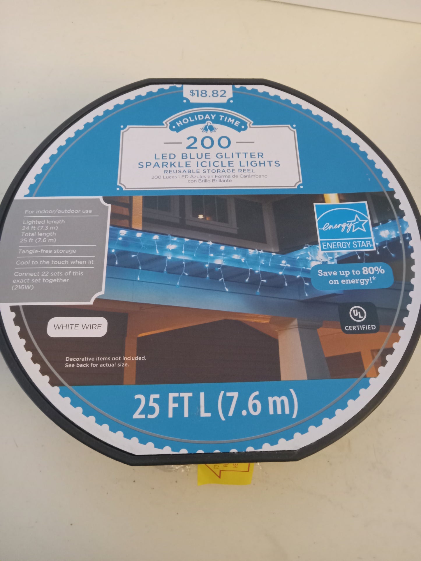 Christmas Lights Roll, 200 LED Micro Icicle Lights, Blue/Cool White Glitter Sparkle, White Wire, Holiday Time, NEW