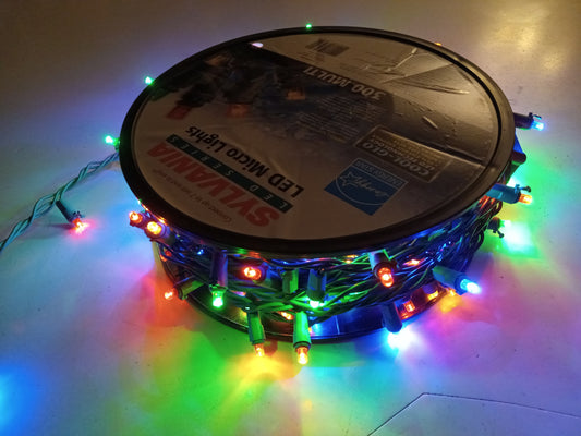 Christmas Lights Roll, 300 LED Micro Lights, Multi-Color, Green Wire, Sylvania Cool Glo, USED