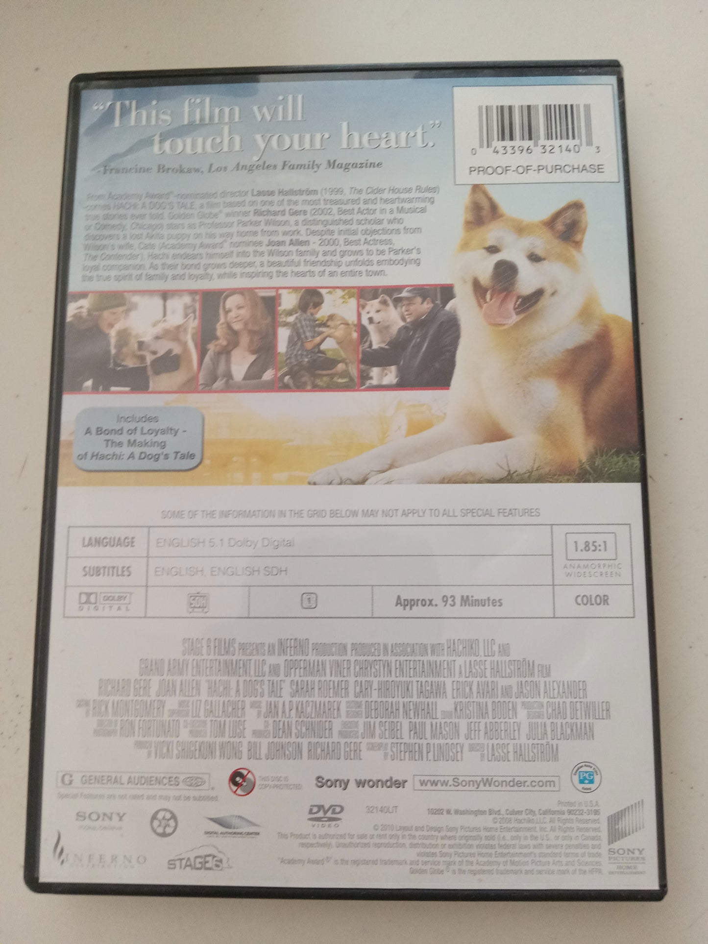 Hachi A Dogs Tale, DVD Movie, Widescreen, Rated G, USED