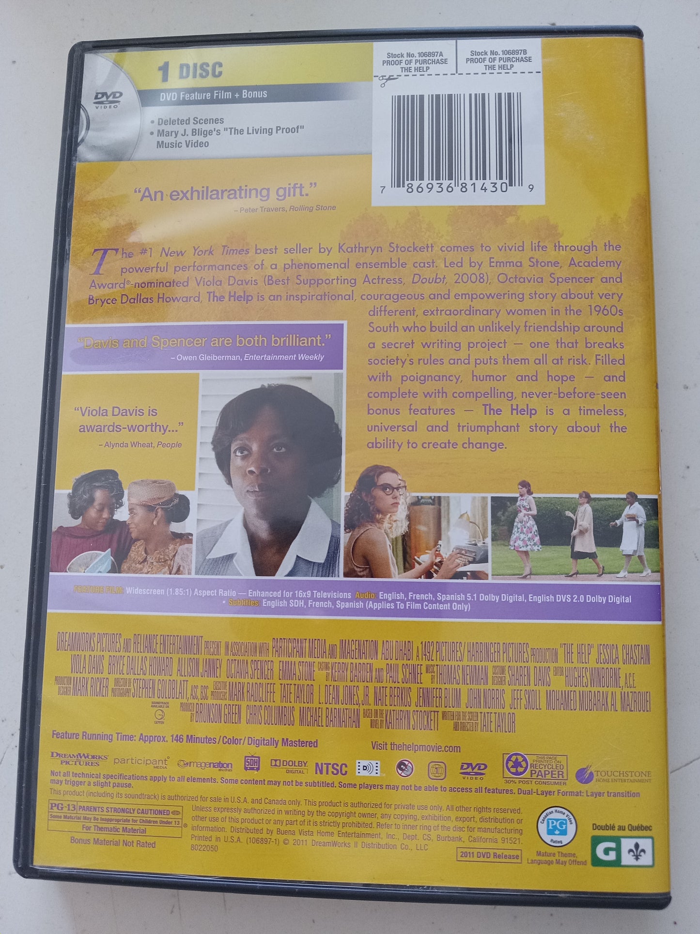 The Help, DVD Movie, Emma Stone Widescreen, Rated PG-13, USED
