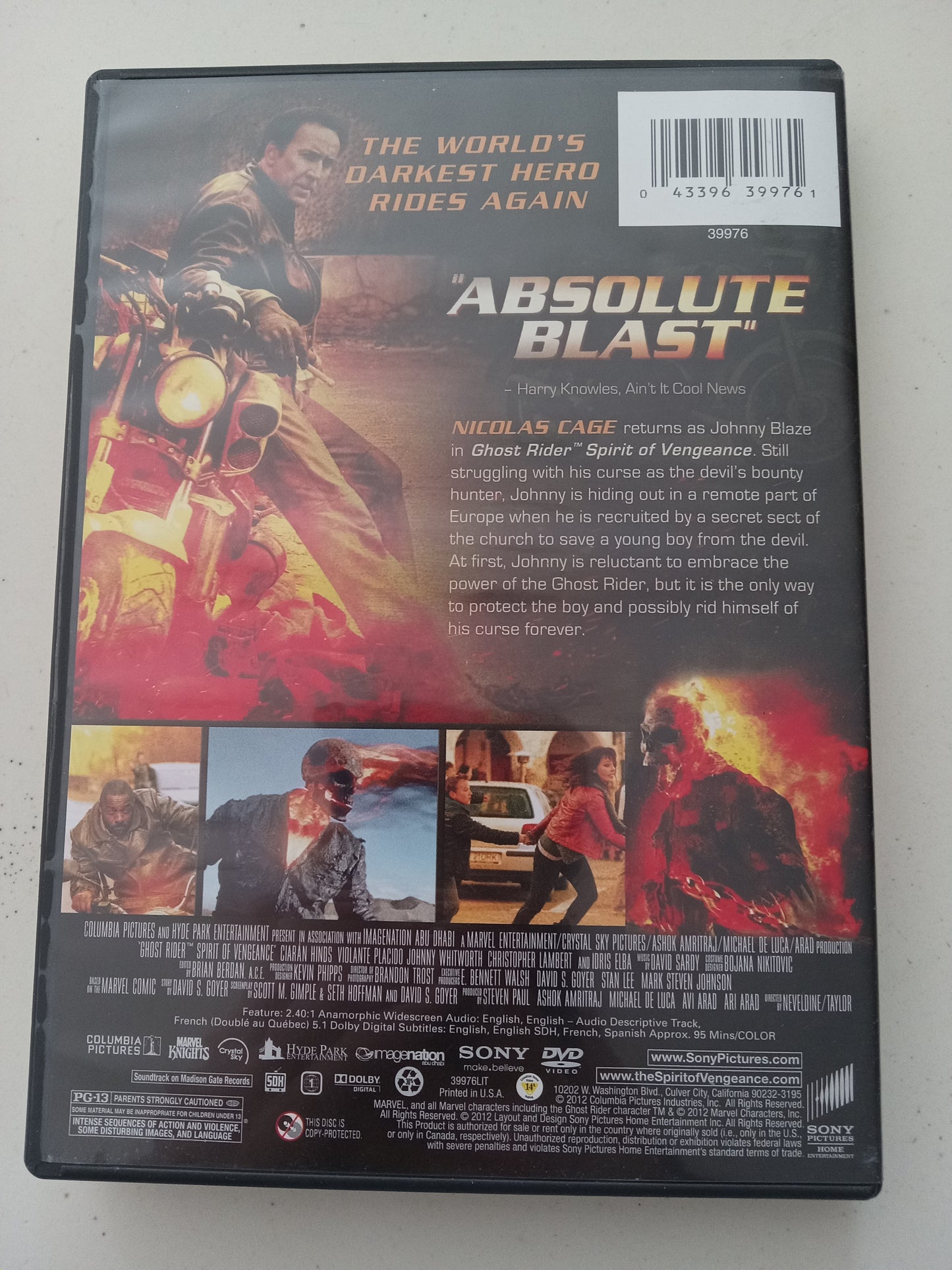 Ghost Rider Spirit Of Vengeance, DVD Movie, Fullscreen, Rated PG-13, USED