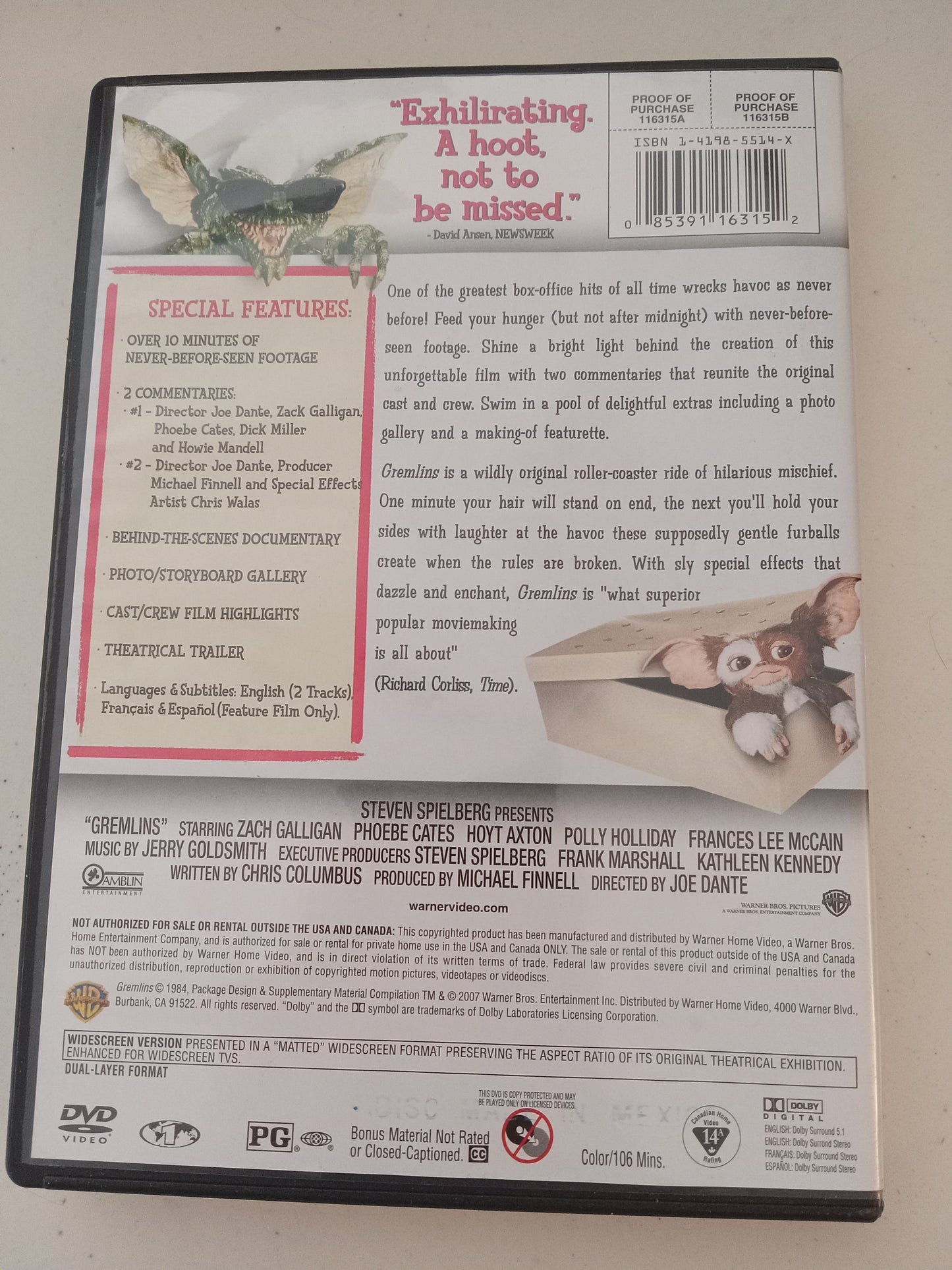 Gremlins, DVD Movie, Steven Spielberg Widescreen, Rated PG, USED