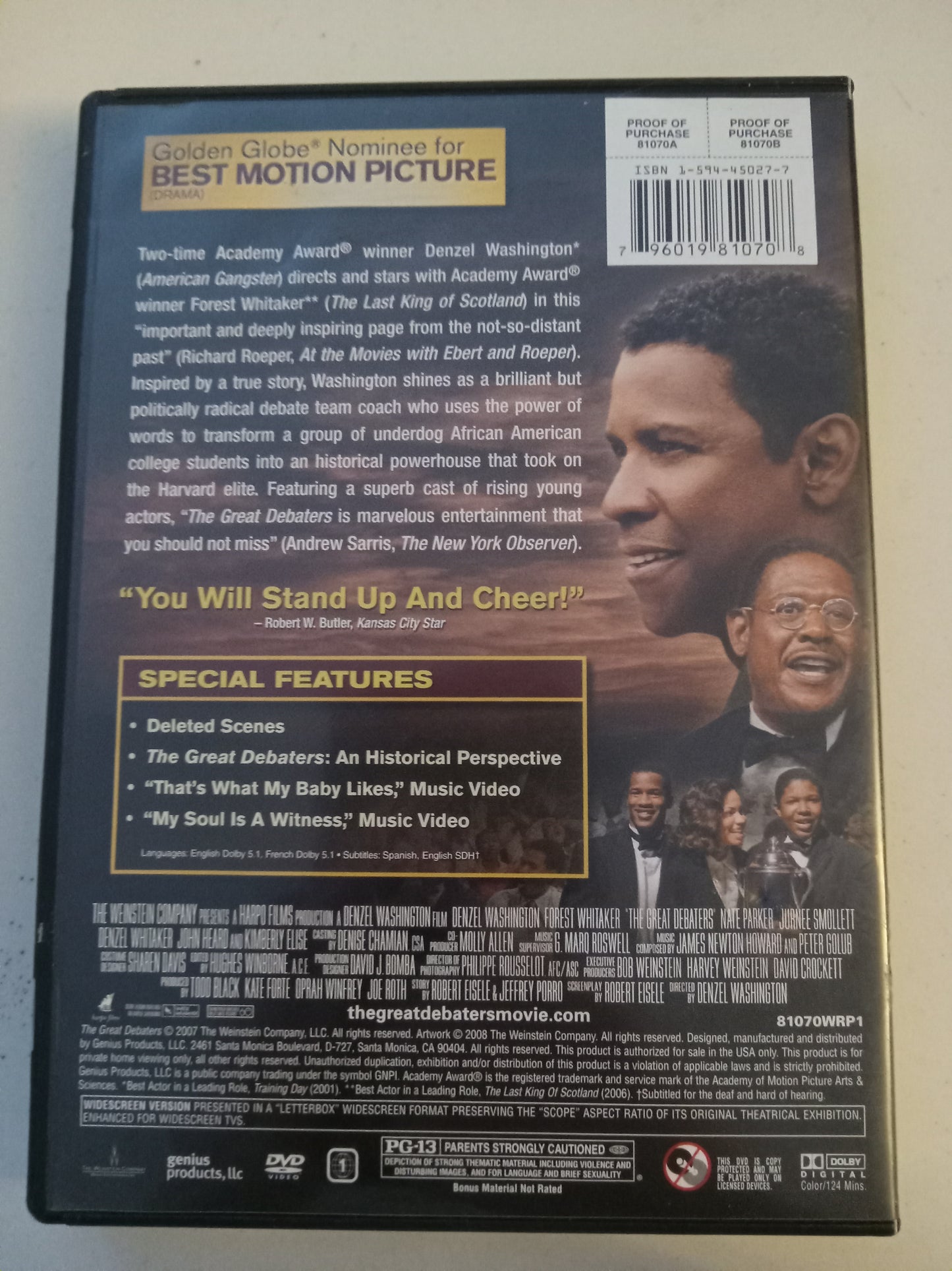 The Great Debaters, DVD Movie, Denzel Washington Widescreen, Rated PG-13, USED