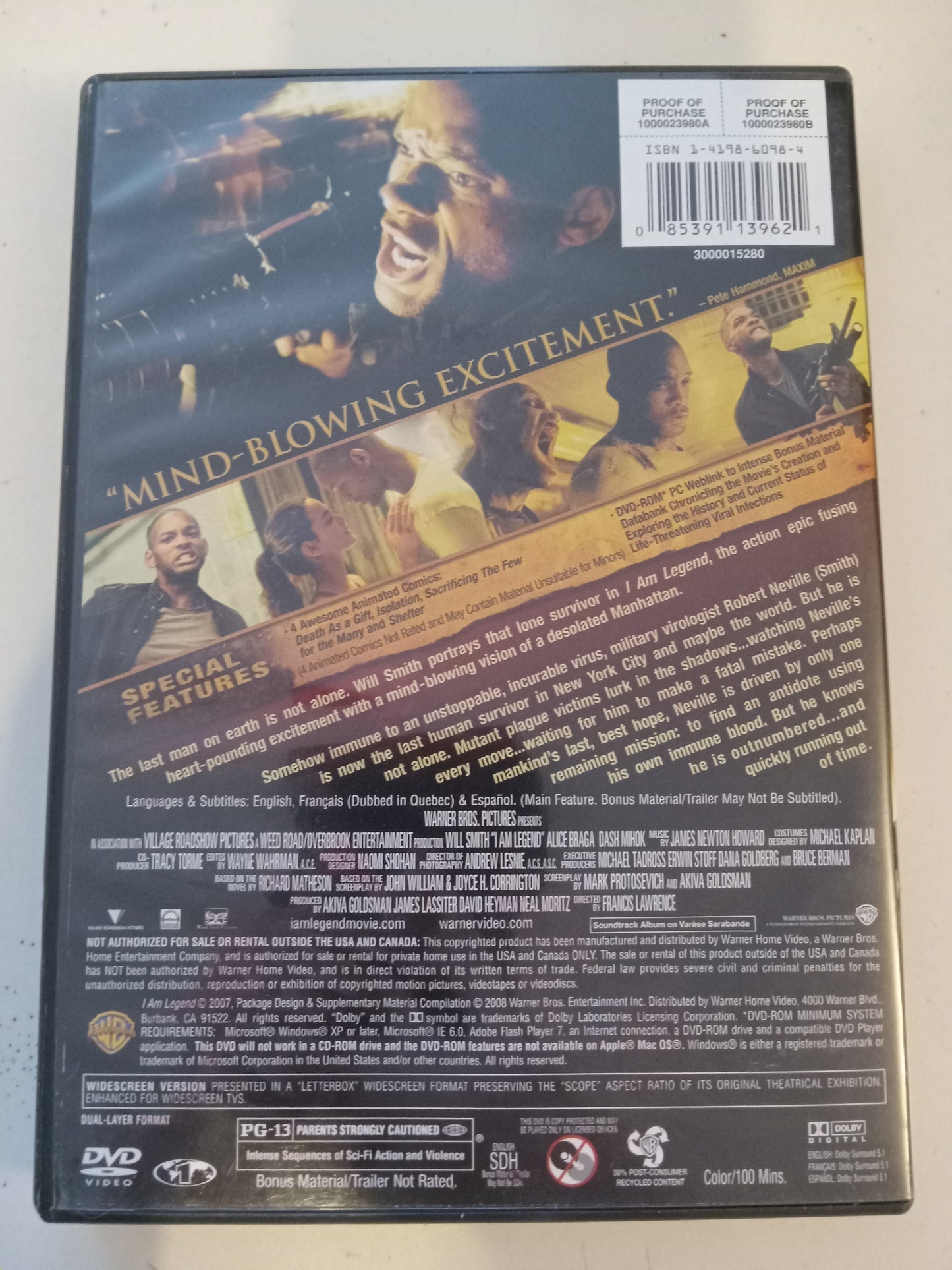 I Am Legend, DVD Movie, Will Smith Fullscreen/Widescreen, Rated PG-13, NEW/USED