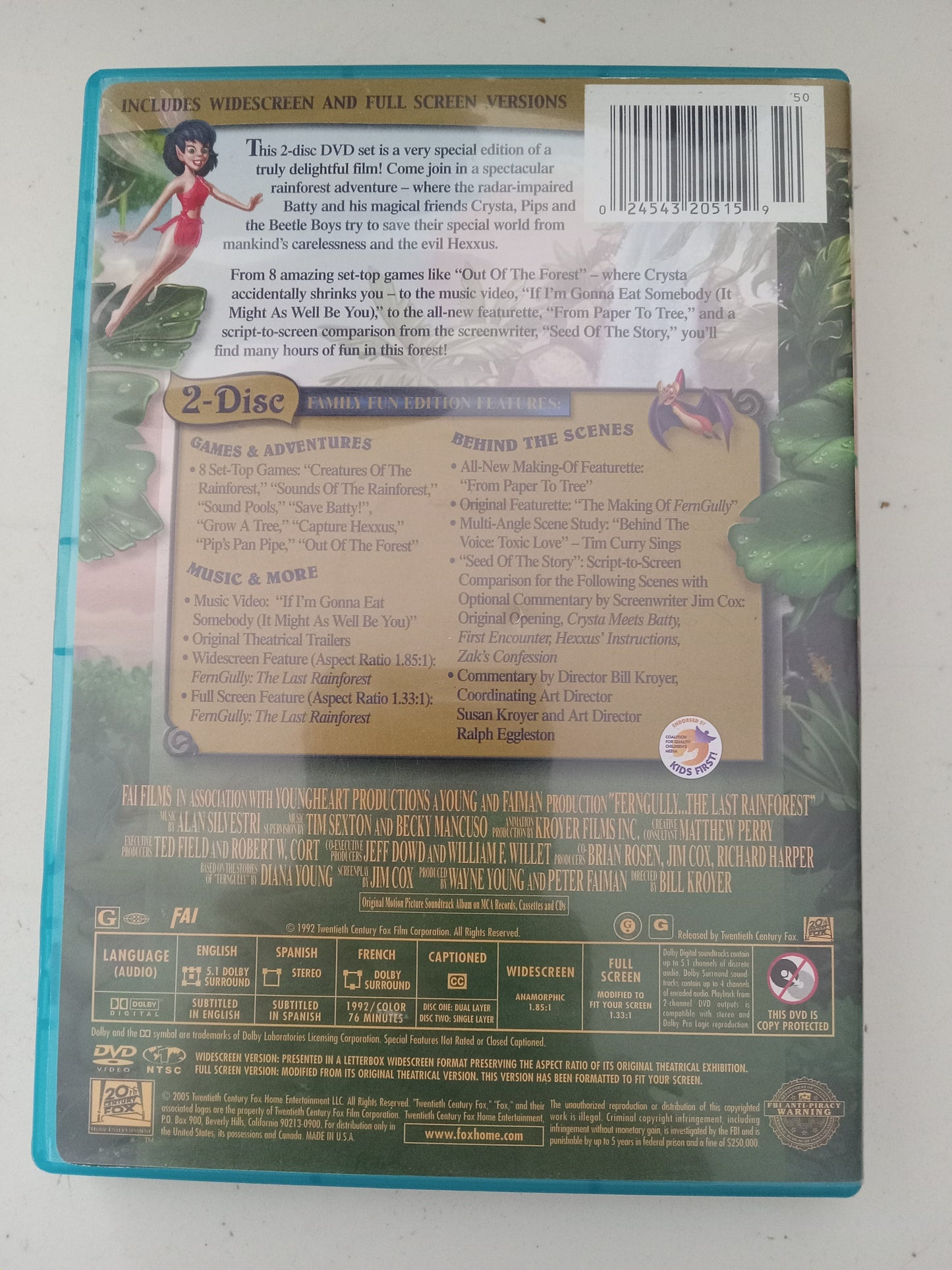 Fern Gully The Last Rainforest, Youngheart Animation 2 Disks, DVD Movie, Fullscreen, Widescreen, Rated G, USED