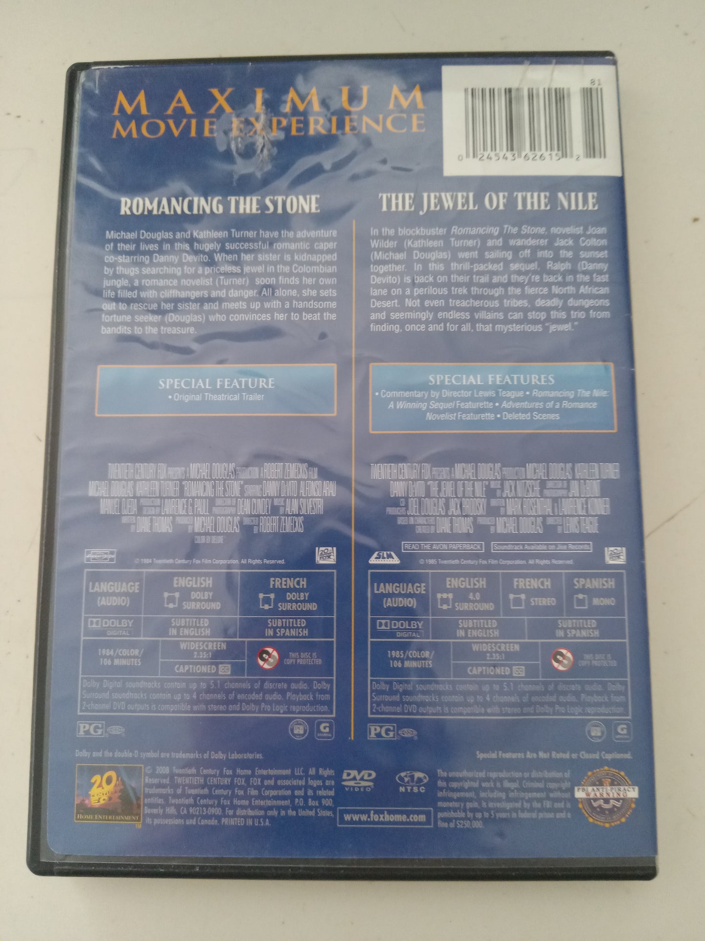 Romancing The Stone, The Jewel Of The Nile, 2 Disks, 2 DVD Movies, Michael Douglas Widescreen, Rated PG, USED