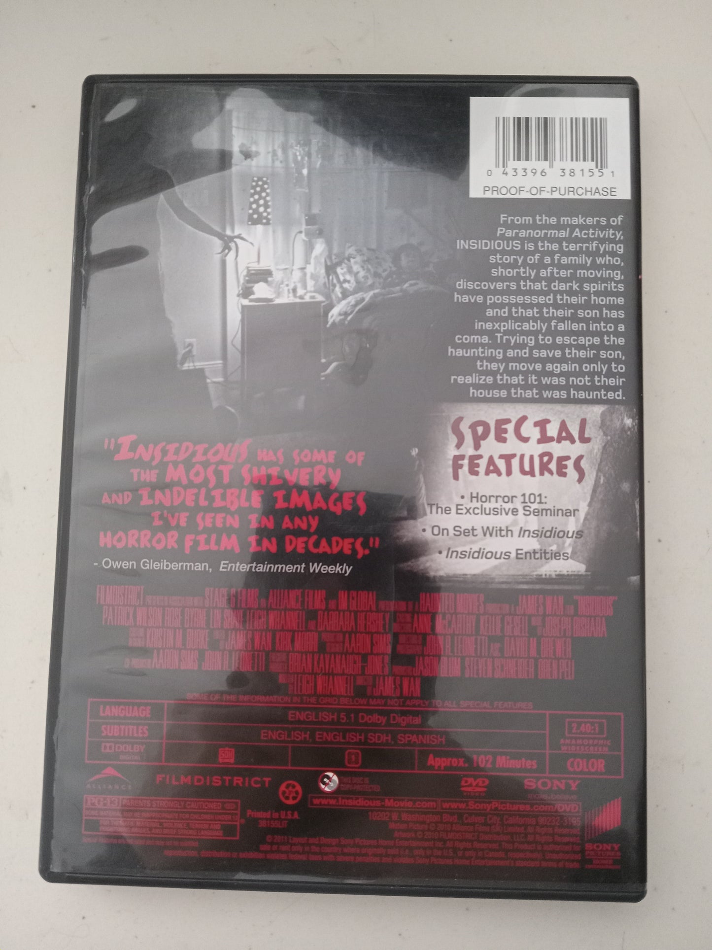 Insidious, DVD Movie, Patrick Wilson Widescreen, Rated PG-13, USED
