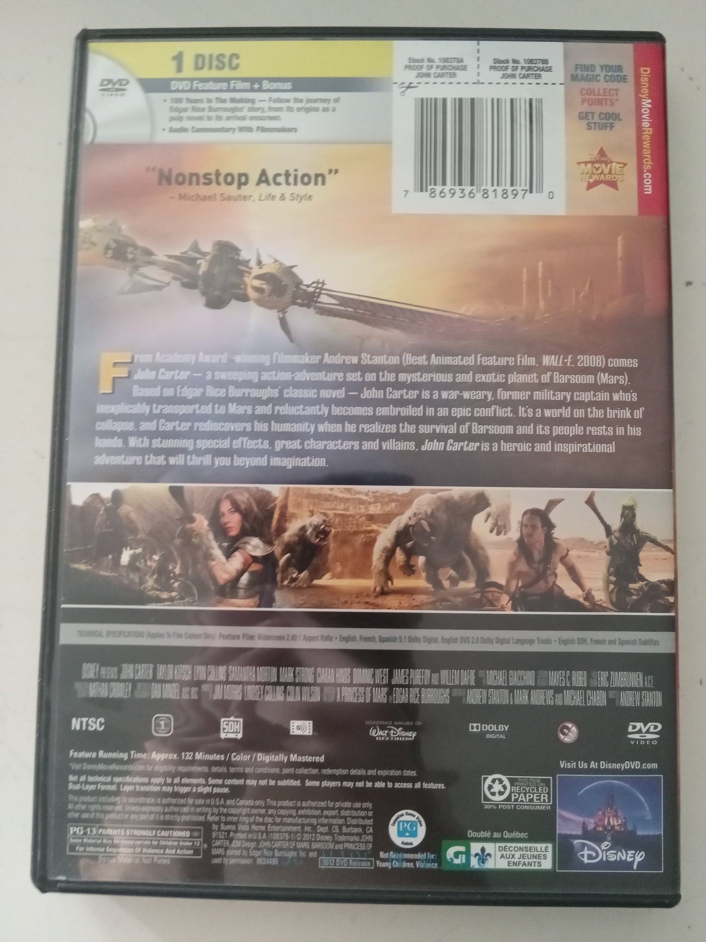John Carter, Disney DVD Movie, Taylor Kitsch Widescreen, Rated PG-13, USED