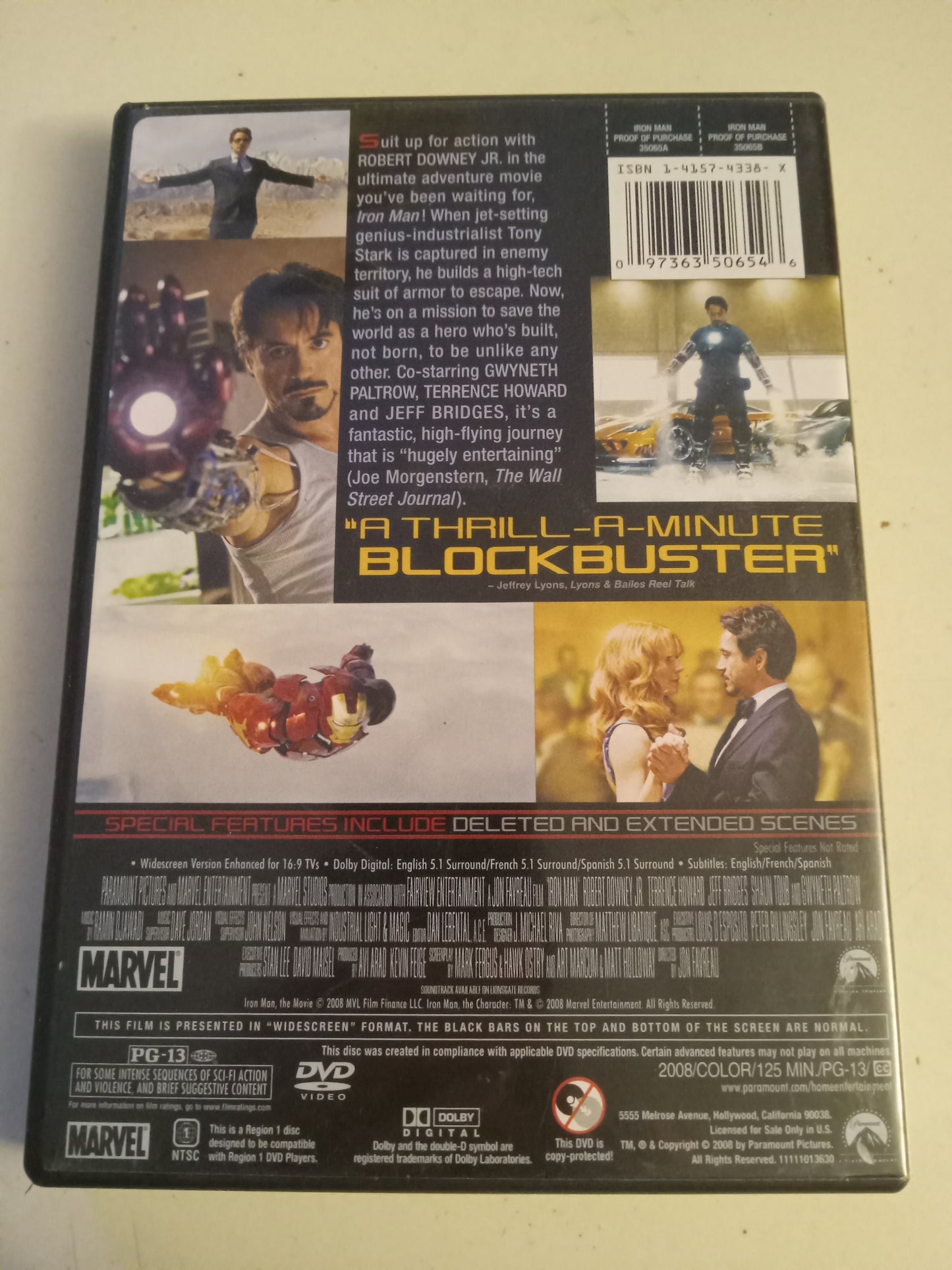 Iron Man (1), DVD Movie, Robert Downey Jr Widescreen, Rated PG-13, USED