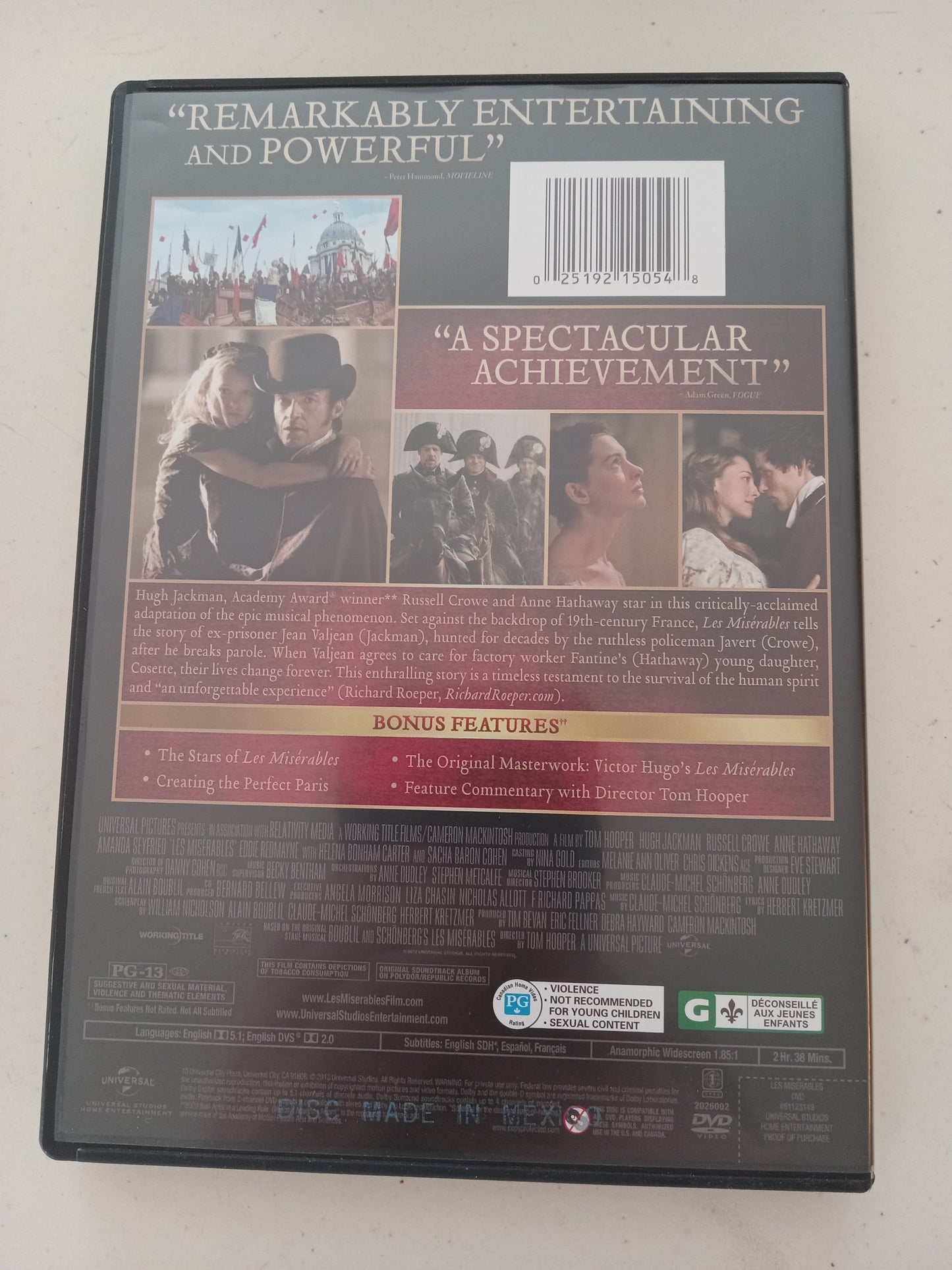 Les Miserables, DVD Movie, Hugh Jackman Widescreen, Rated PG-13, USED