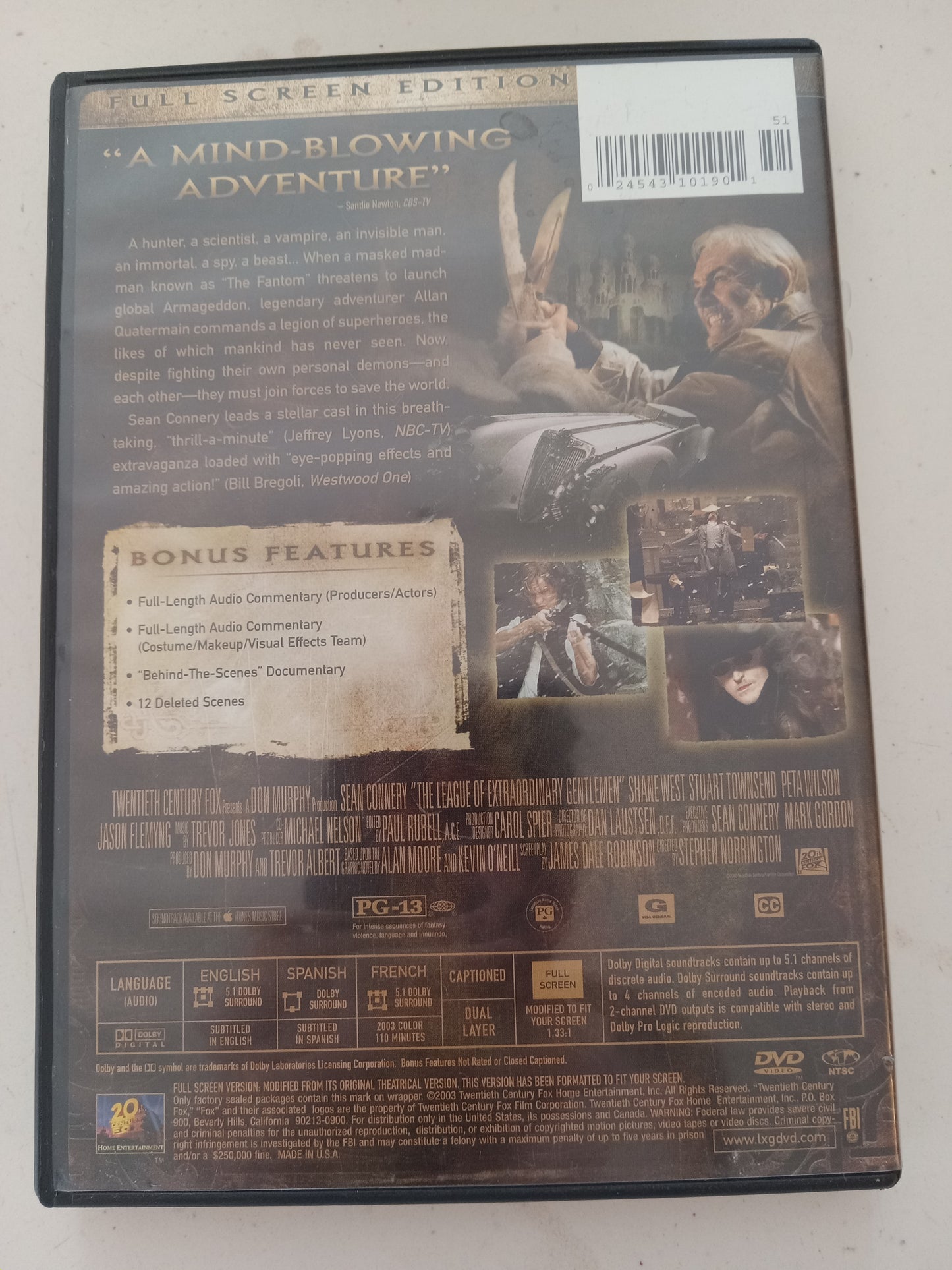 The League Of Extraordinary Gentlemen, DVD Movie, Sean Connery Fullscreen, Rated PG-13, USED