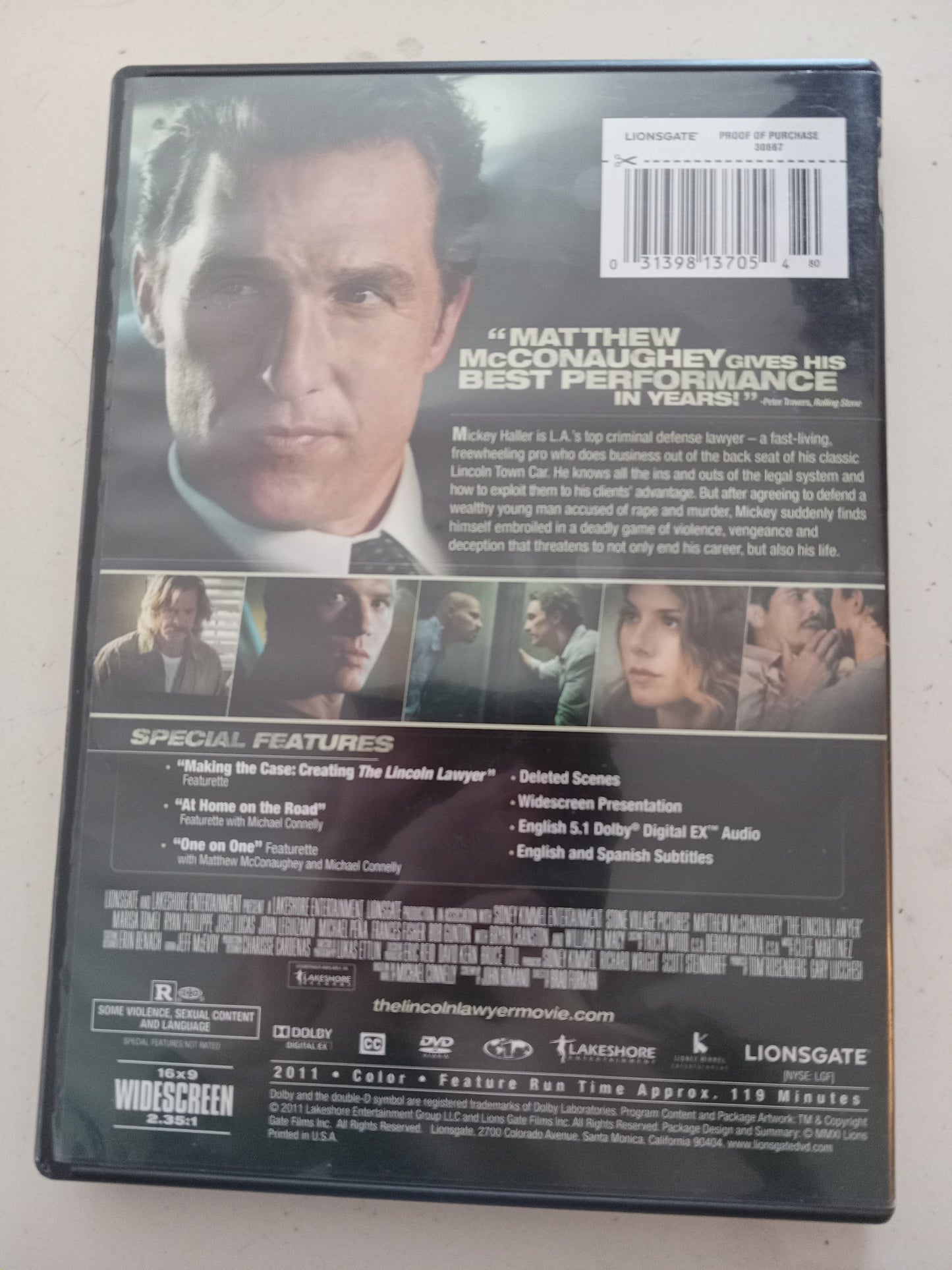 The Lincoln Lawyer, DVD Movie, Matthew McConaughey Widescreen, Rated R, USED