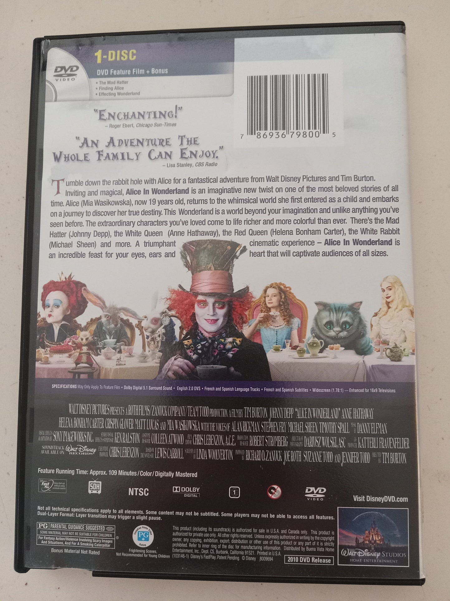 Alice In Wonderland, Johnny Depp, DVD Movie, Widescreen, Rated PG, USED