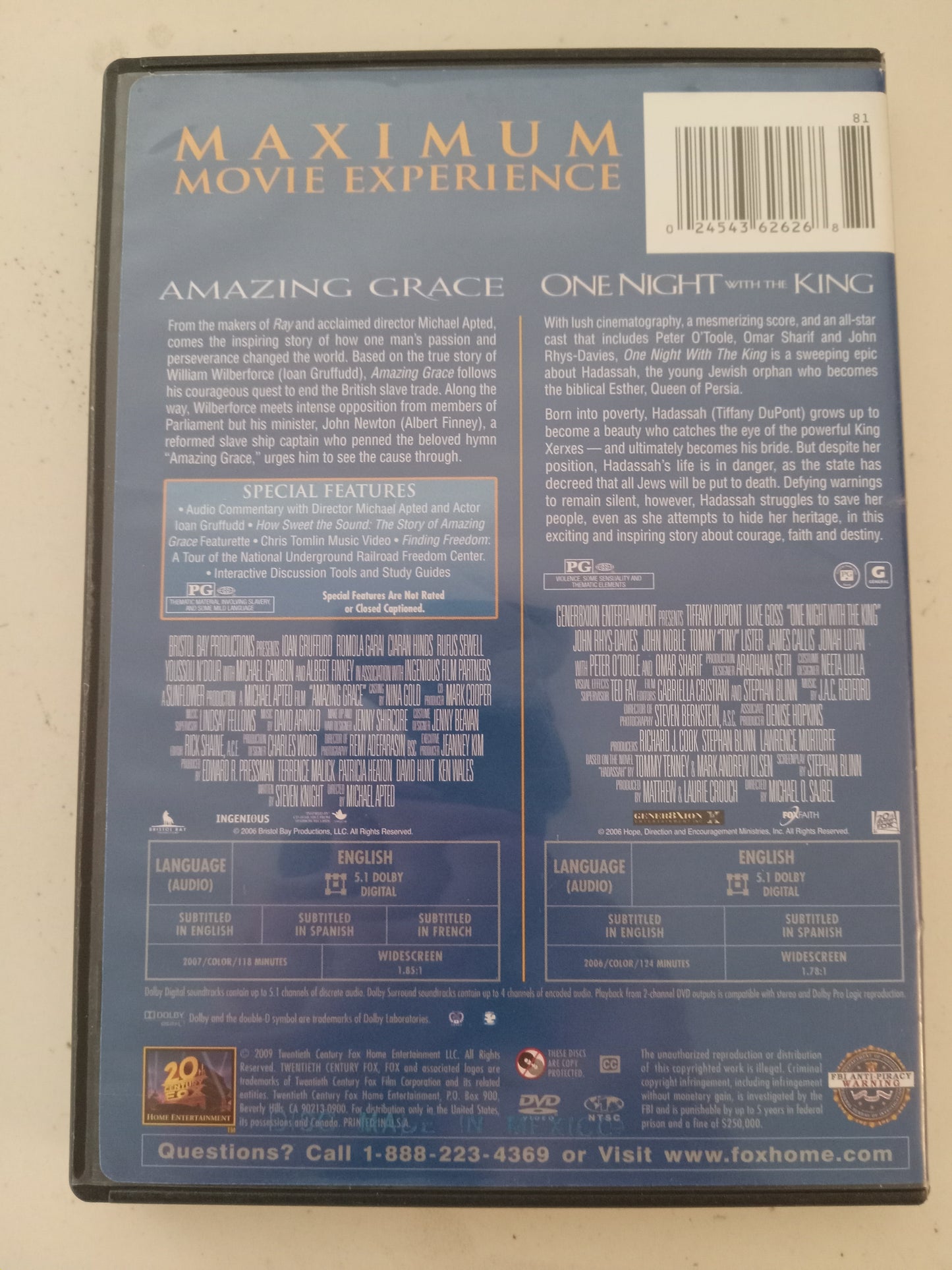 Amazing Grace, One Night With The King, 2 Discs, Double Feature, DVD Movies, Widescreen, Rated PG, USED