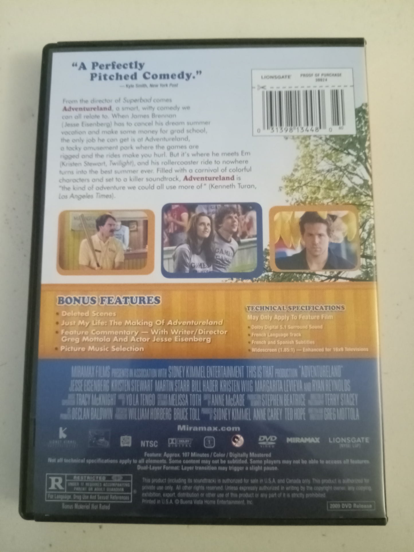 Adventureland, DVD Movie, Jesse Eisenberg Widescreen, Rated R, USED