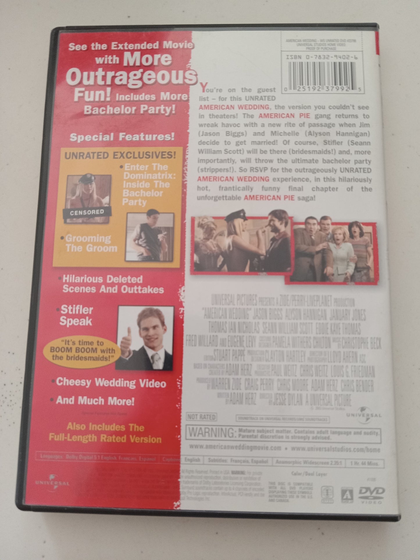 American Wedding, Extended Party Ed. DVD Movie, Jason Biggs Fullscreen/Widescreen, Rated R, Not Rated, USED