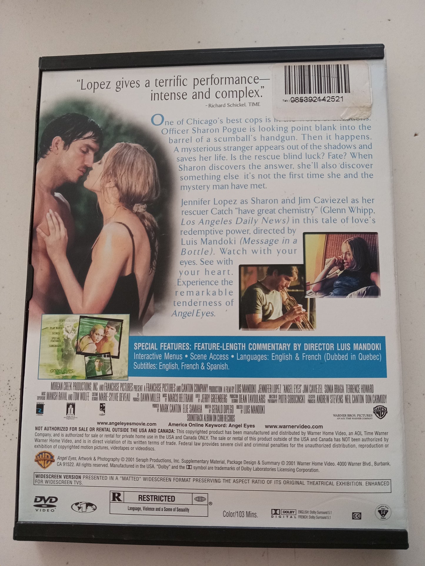 Angel Eyes, DVD Movie, Jennifer Lopez Widescreen, Rated R, USED