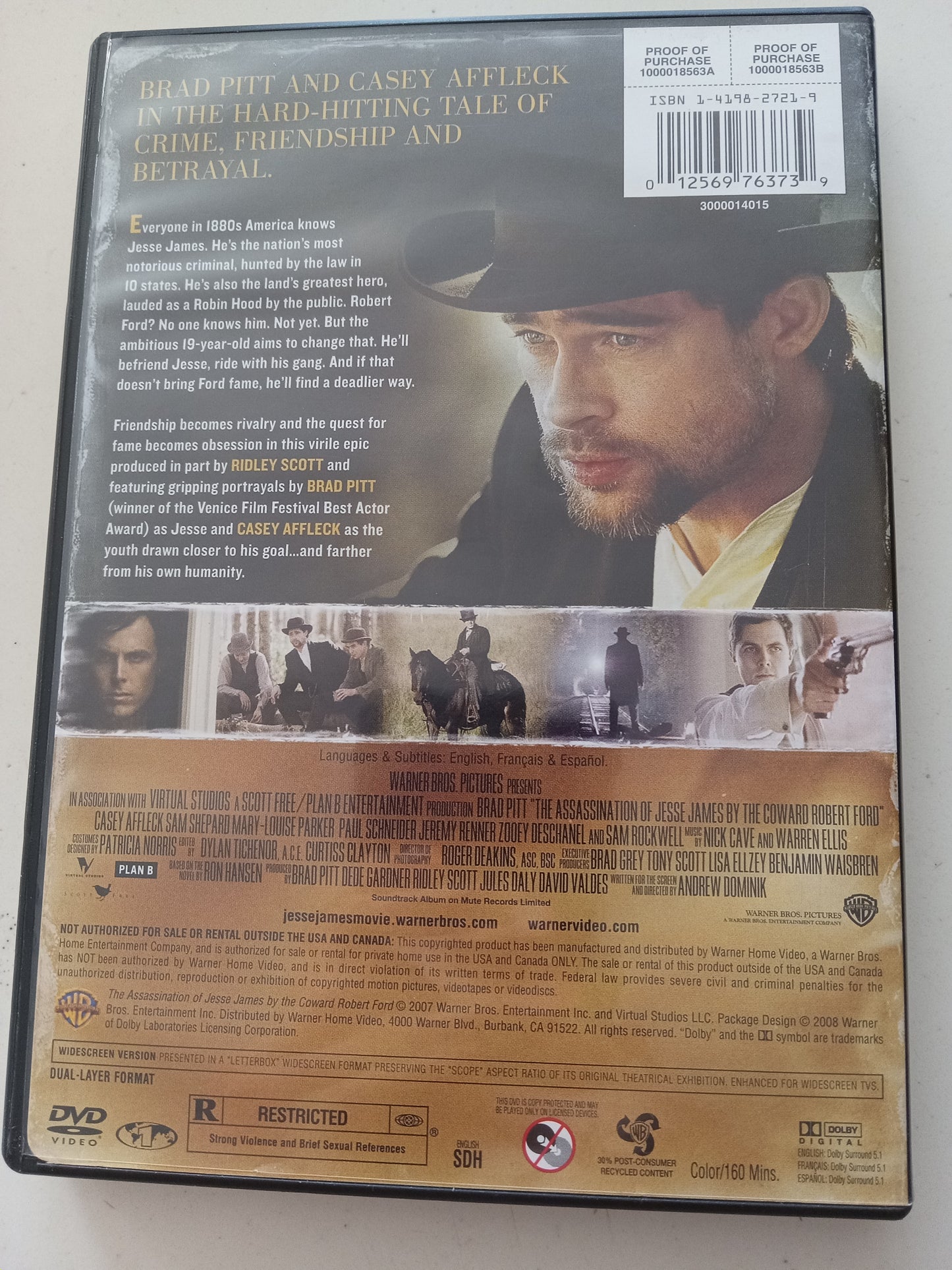 The Assassination Of Jesse James, DVD Movie, Brad Pitt Widescreen, Rated R, USED