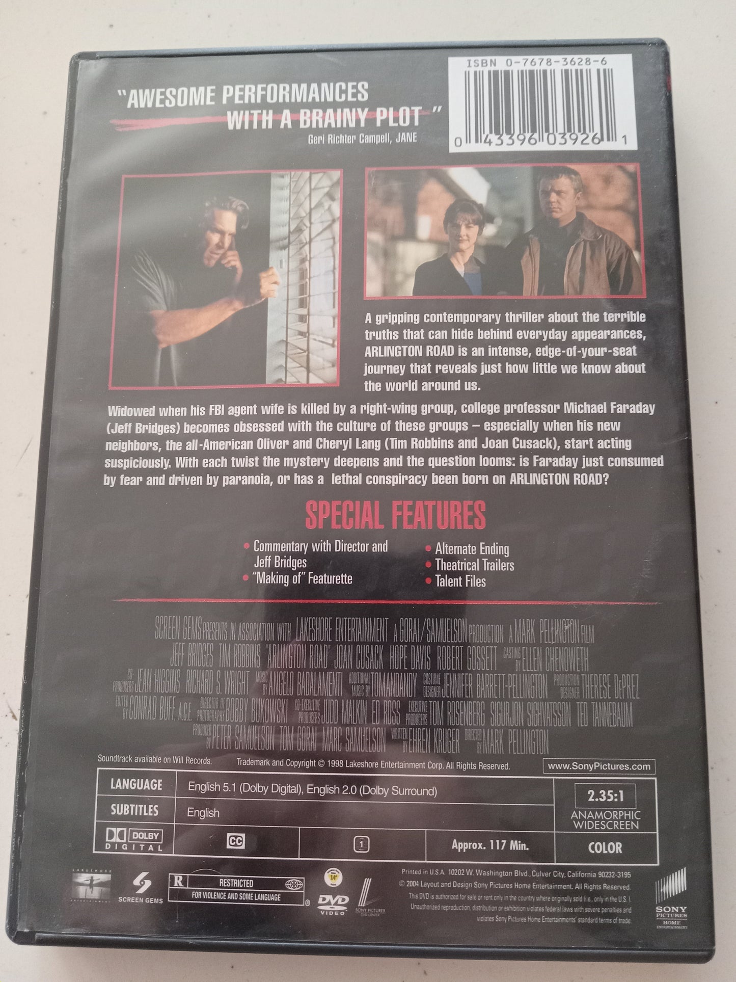Arlington Road, DVD Movie, Jeff Bridges Widescreen, Rated R, USED