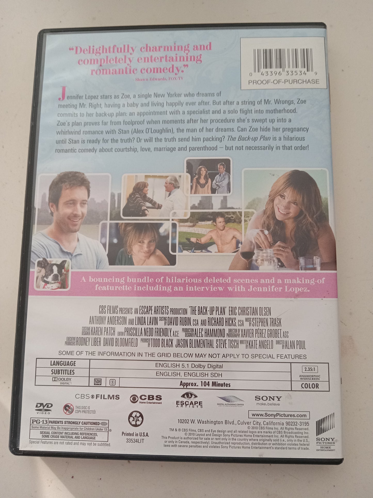 The Backup Plan, DVD Movie, Jennifer Lopez Widescreen, Rated PG-13, USED