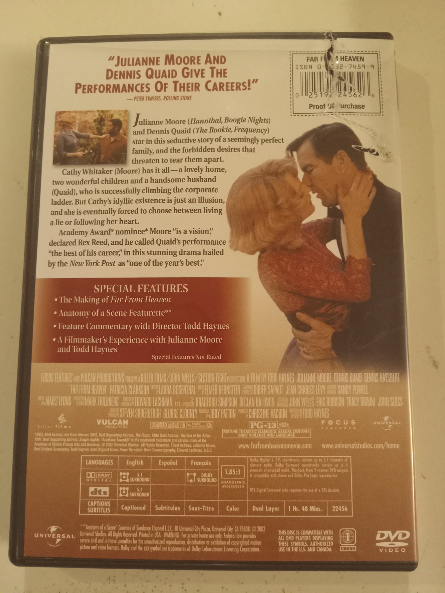Far From Heaven, DVD Movie, Dennis Quaid Widescreen, Rated PG-13, USED