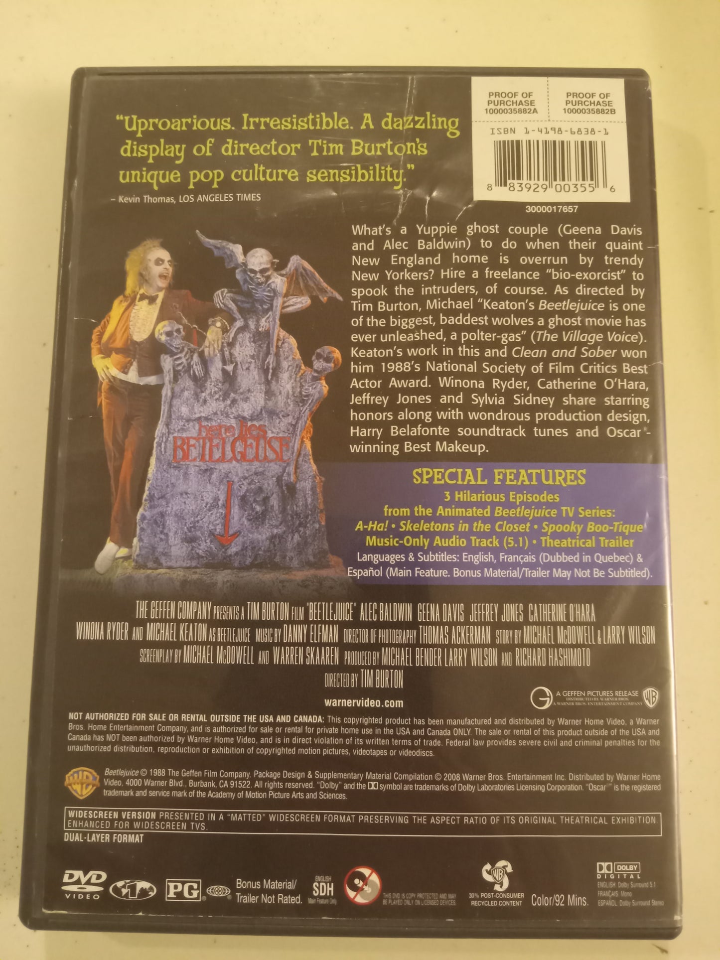 BeetleJuice, Beetle Juice DVD Movie, Michael Keaton Widescreen, Rated PG, USED