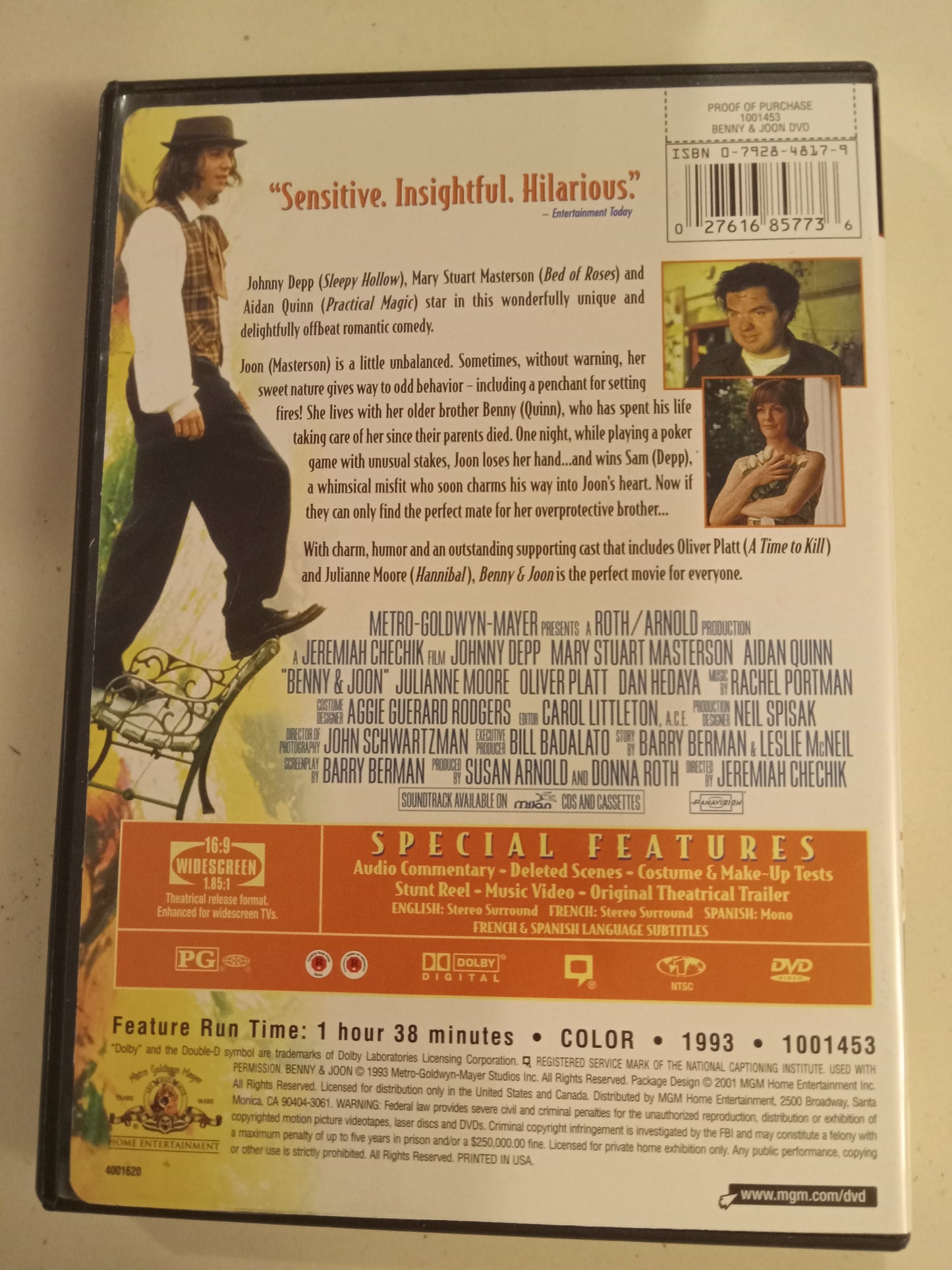Benny And Joon, DVD Movie, Johnny Depp Widescreen, Rated PG, USED