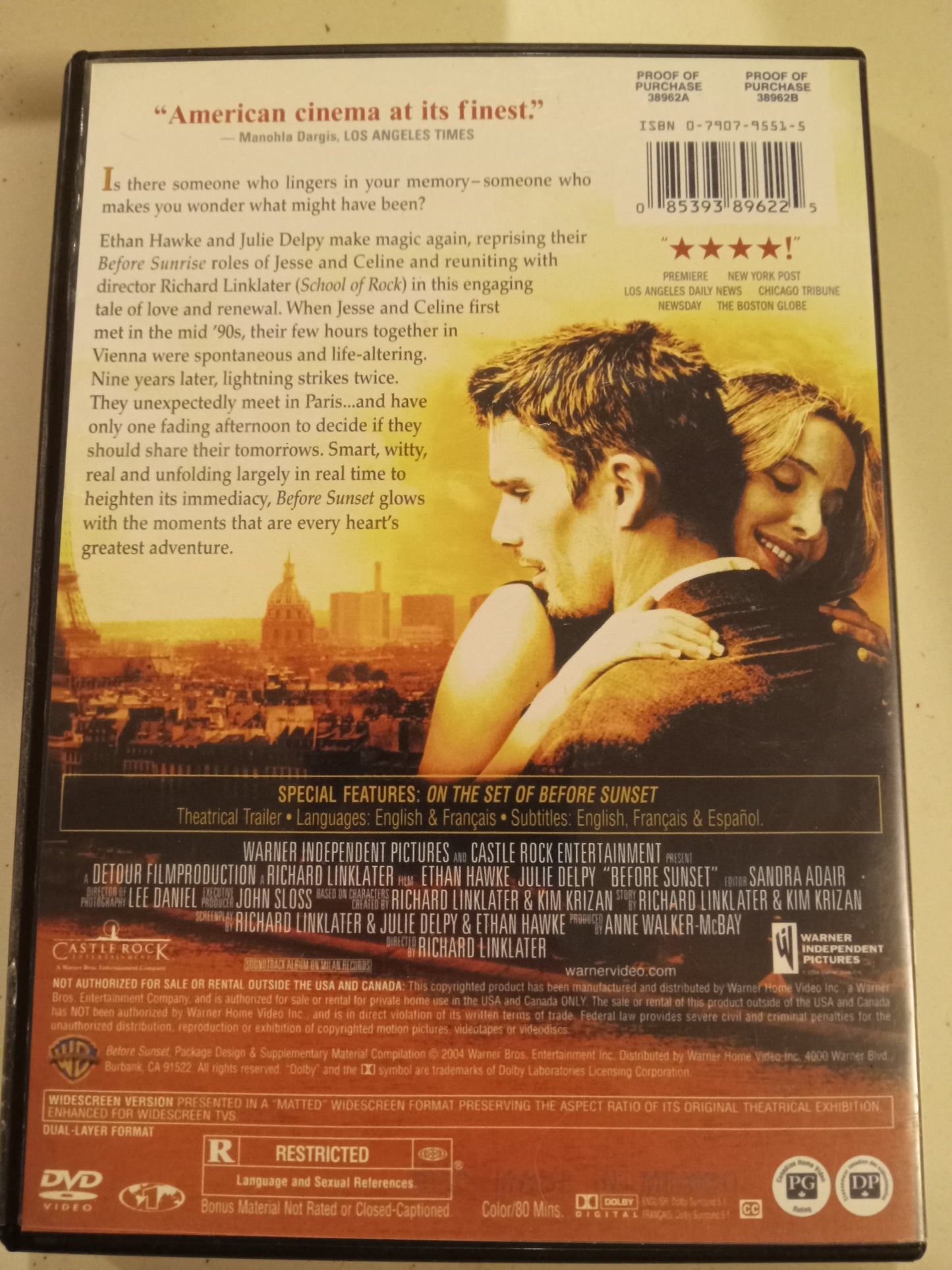 Before Sunset, DVD Movie, Ethan Hawke Widescreen, Rated R, USED