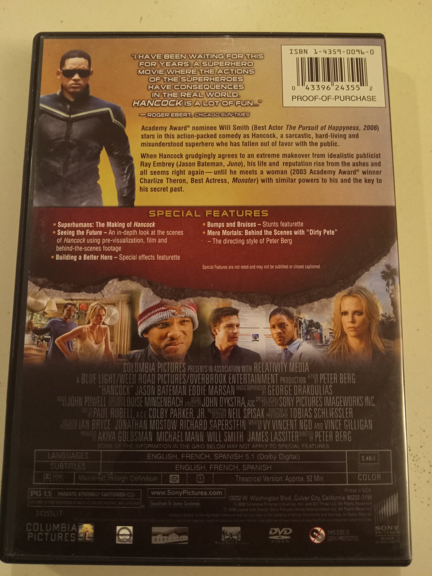 Hancock, DVD Movie, Will Smith Widescreen, Not Rated, PG-13, USED