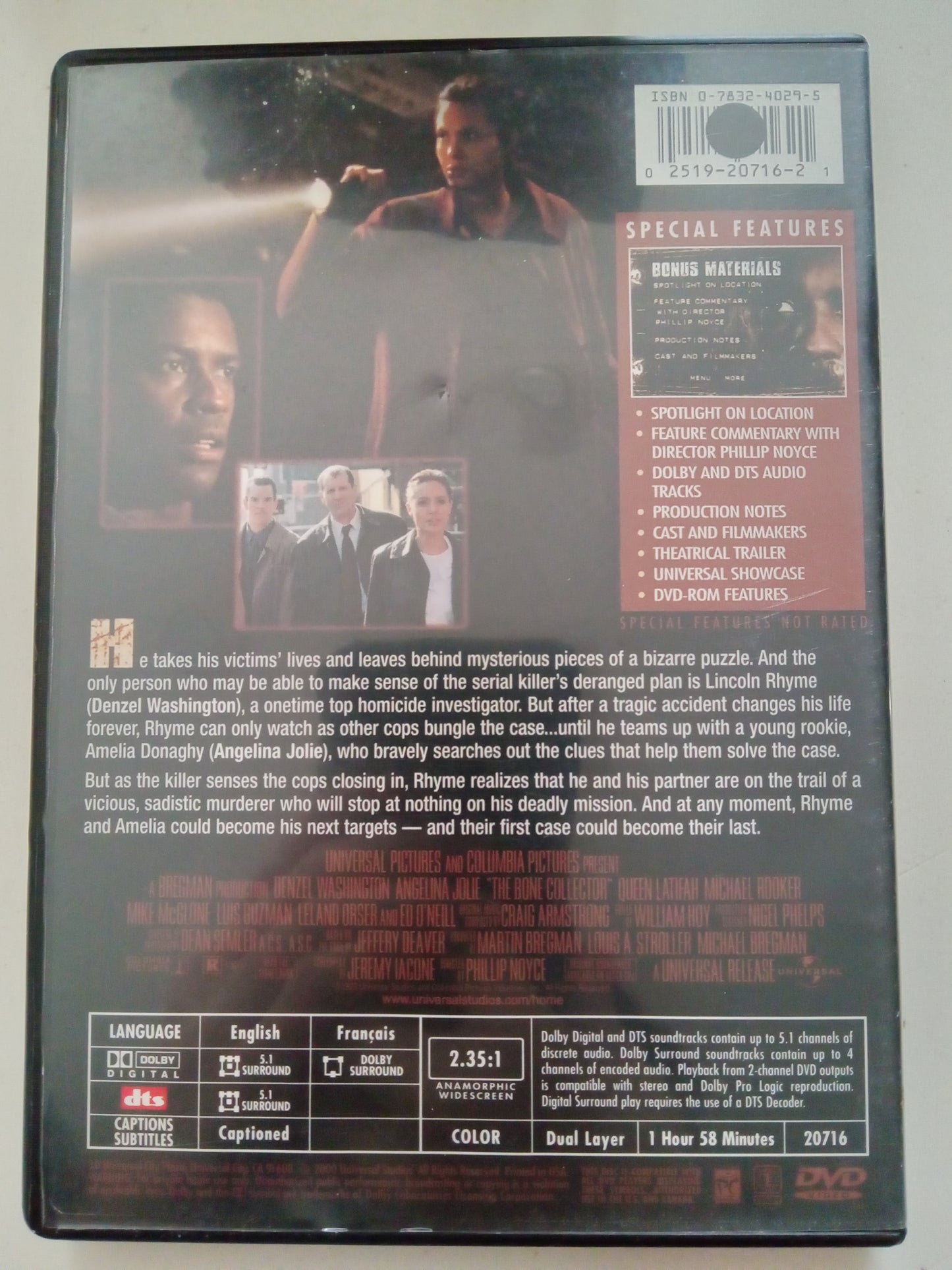 The Bone Collector, DVD Movie, Denzel Washington Widescreen, Rated R, USED