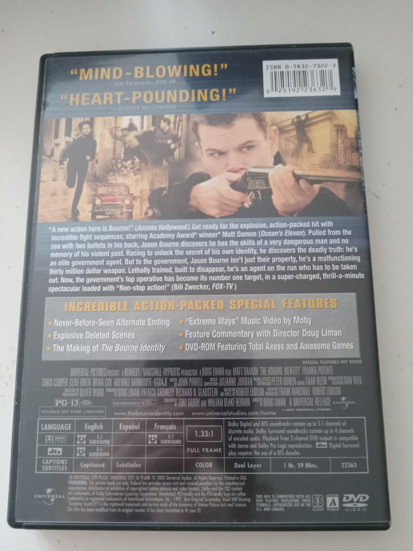The Bourne Identity, DVD Movie, Matt Damon Fullscreen, Rated PG-13, USED