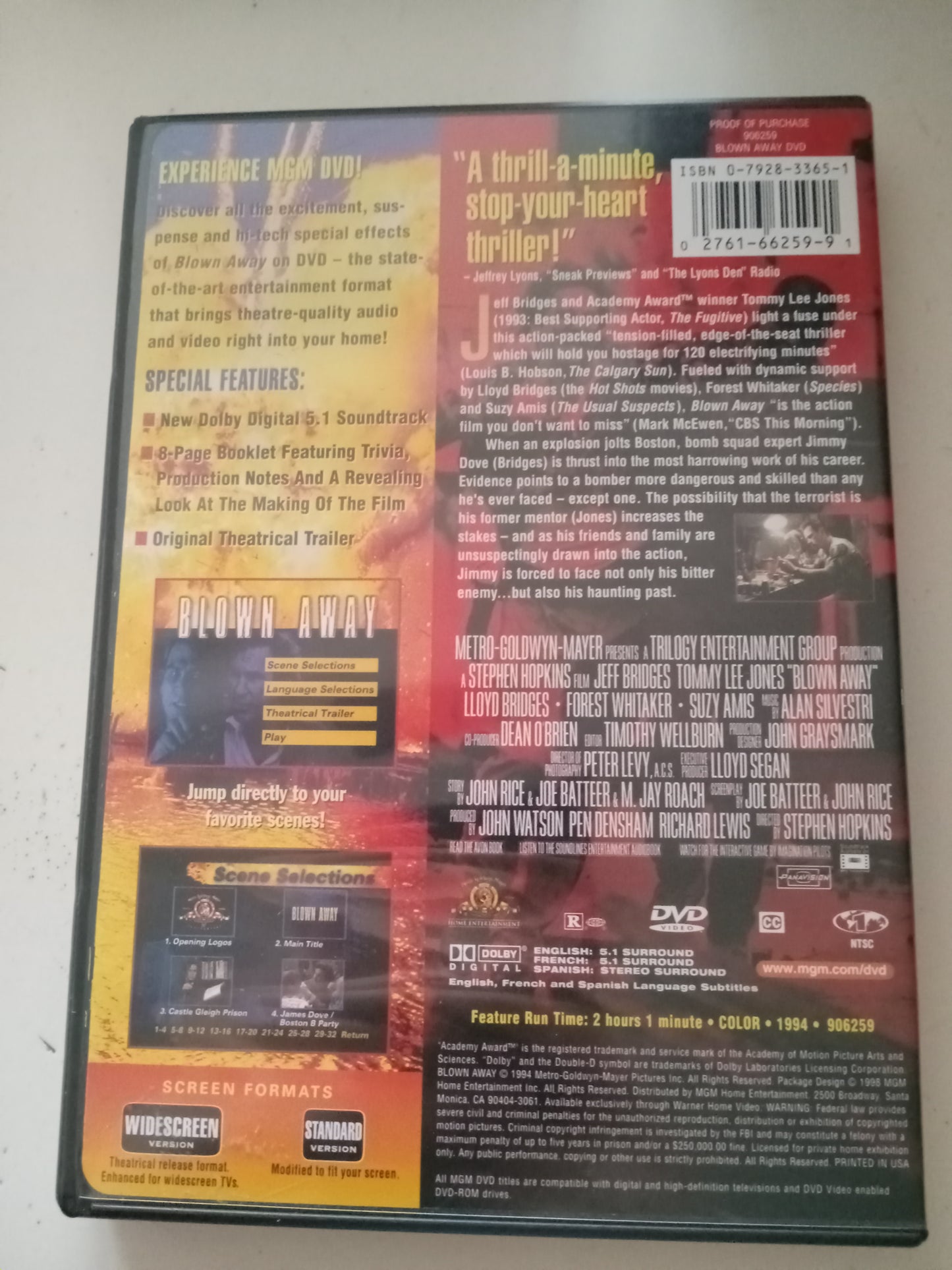 Blown Away, DVD Movie, Tommy Lee Jones Fullscreen, Widescreen, Rated R, USED