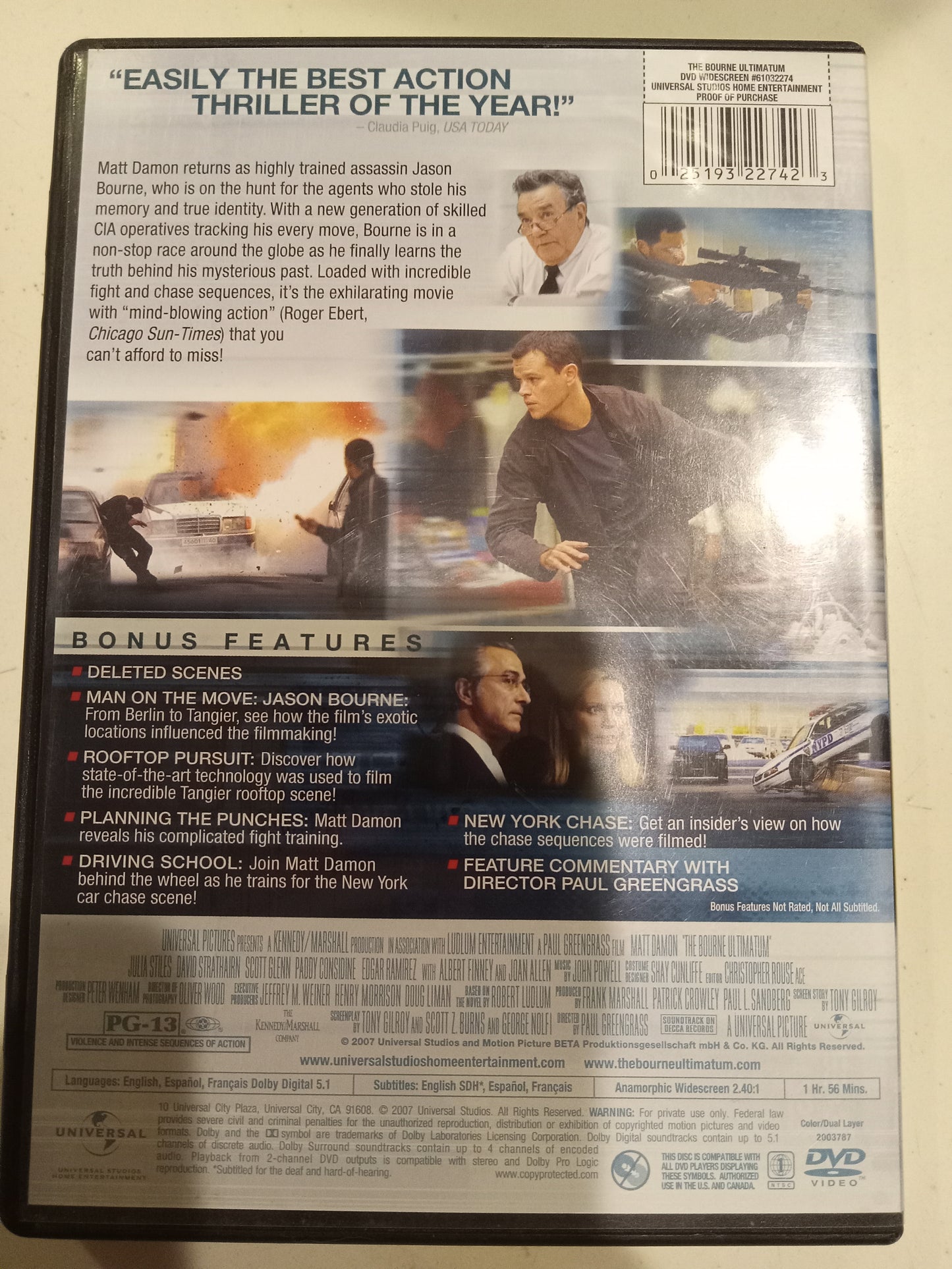 The Bourne Ultimatum, DVD Movie, Matt Damon Widescreen, Rated PG-13, USED