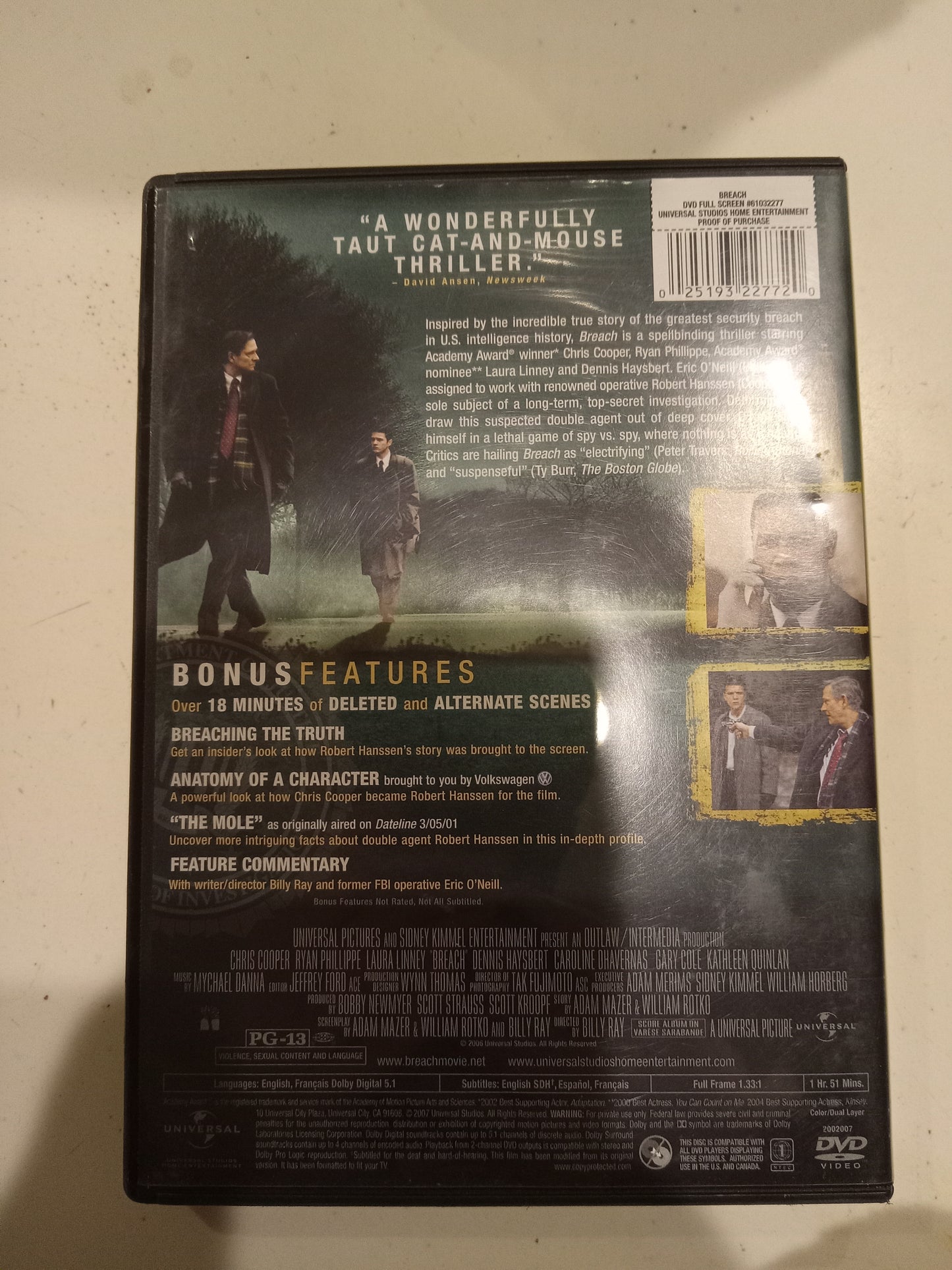 Breach, DVD Movie, Chris Cooper Fullscreen, Rated PG-13, USED