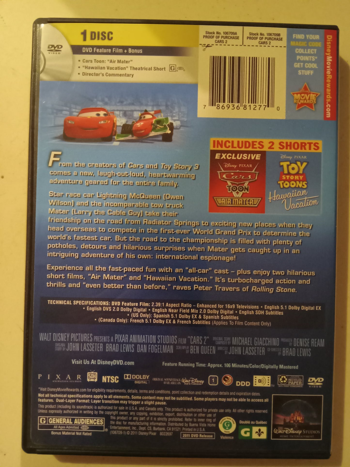 Cars 2, Disney Pixar Animation, DVD Movie, Widescreen, Rated G, USED
